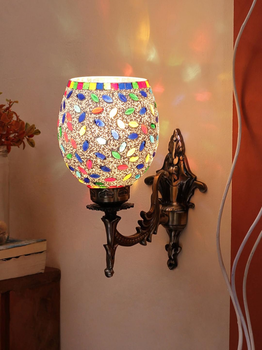 Antique Metal Wall Lamp with Multicolor Mosaic Glass -AB(9.3x4.5x12 Inches)