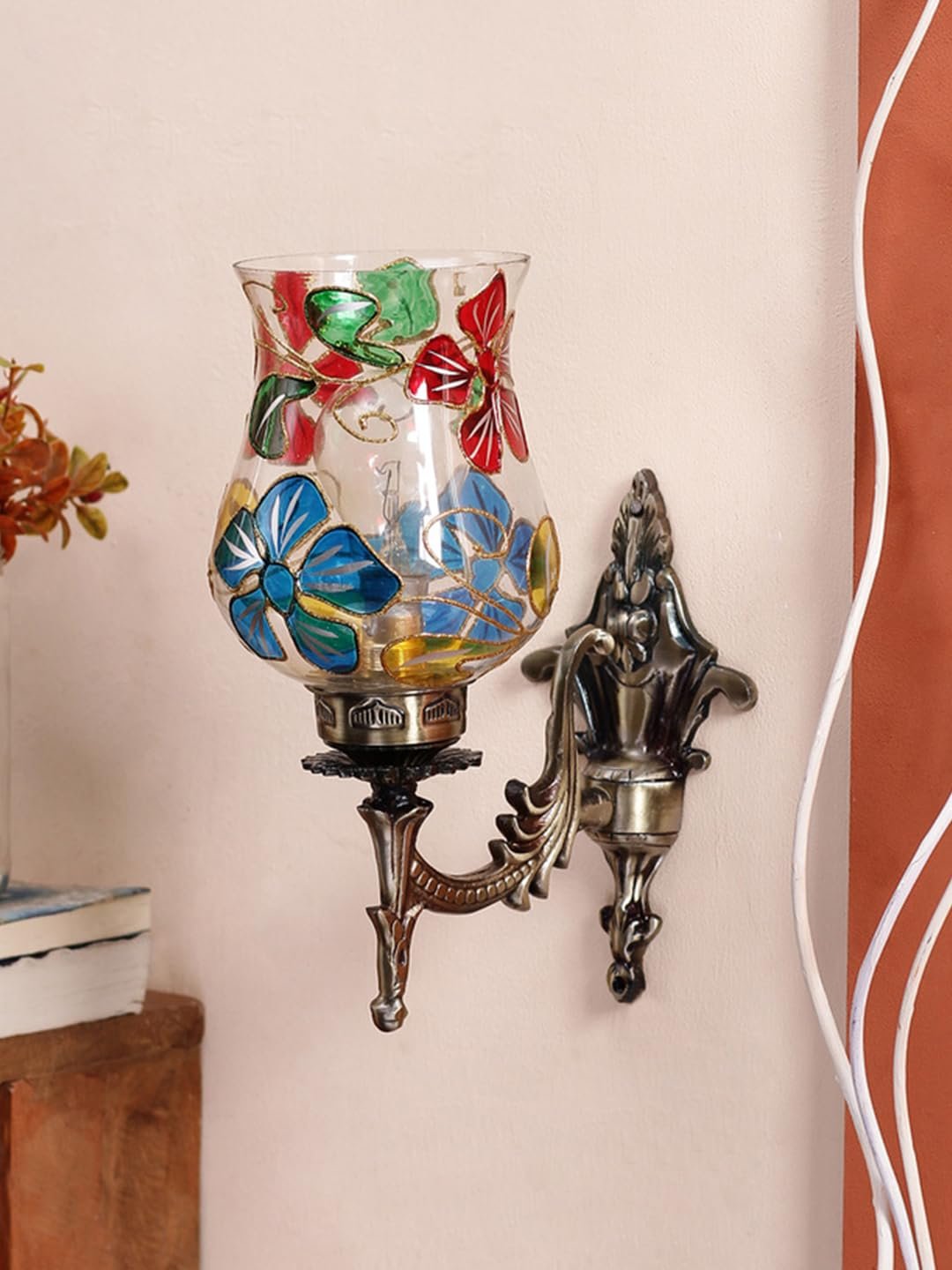 Antique Metal Wall Lamp with Multicolor Mosaic Glass -AC(9.3x4.5x12 Inches)