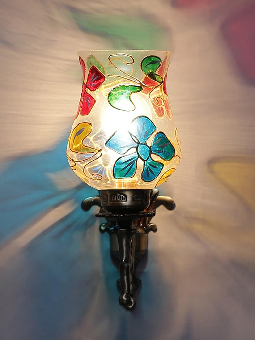 Antique Metal Wall Lamp with Multicolor Mosaic Glass -AC(9.3x4.5x12 Inches)