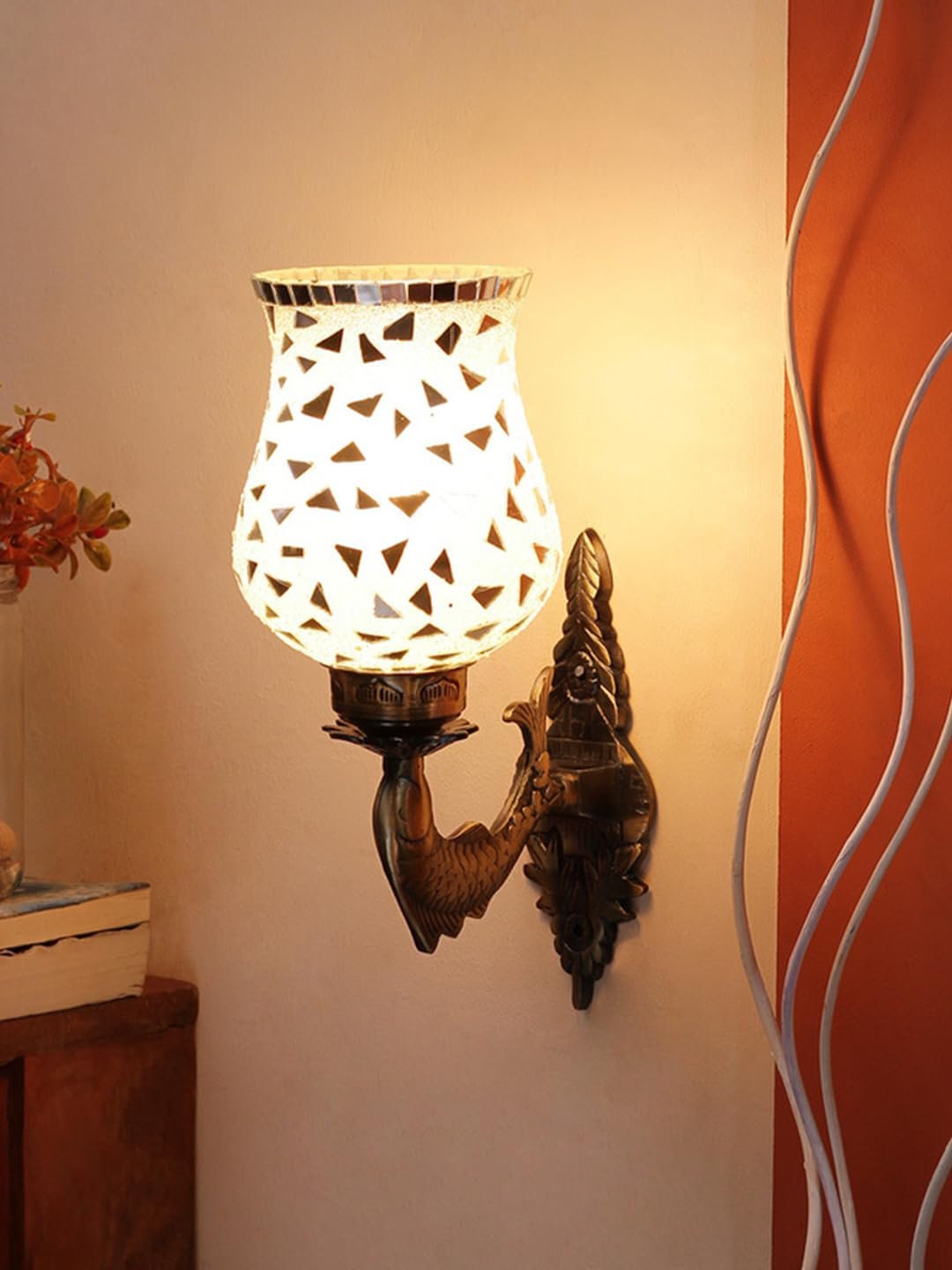 Antique Metal Fish Wall Lamp with Multicolor Mosaic Glass -AD(8.5x4.5x14 Inches)