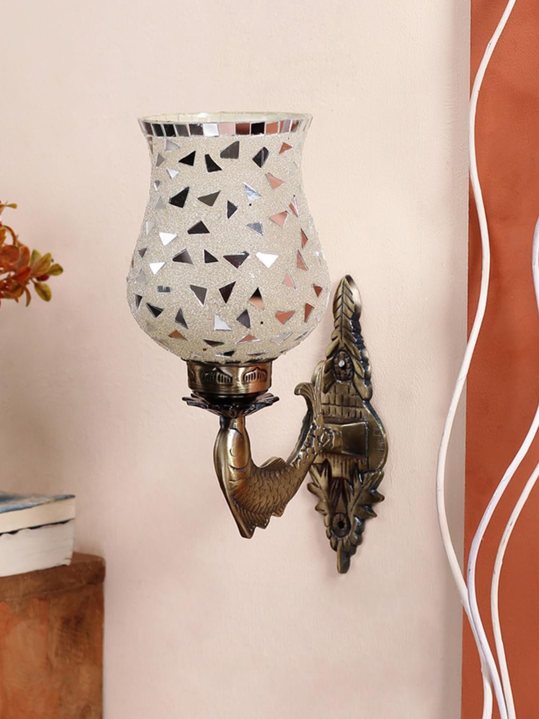 Antique Metal Fish Wall Lamp with Multicolor Mosaic Glass -AD(8.5x4.5x14 Inches)