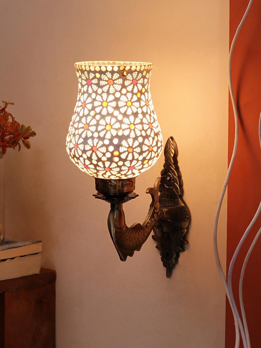 Antique Metal Fish Wall Lamp with Multicolor Mosaic Glass -AE (8.5x4.5x14 Inches)
