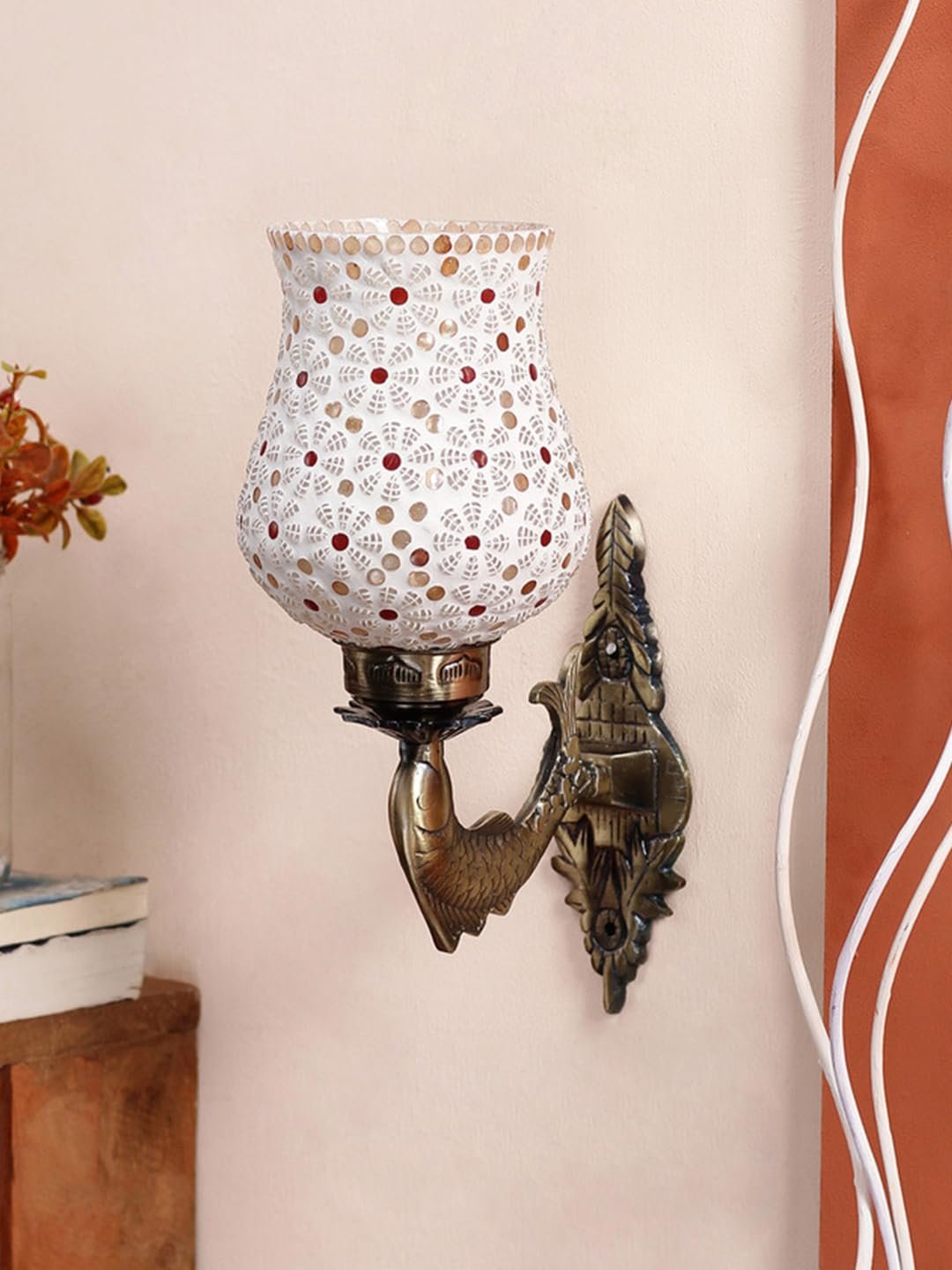 Antique Metal Fish Wall Lamp with Multicolor Mosaic Glass -AE (8.5x4.5x14 Inches)