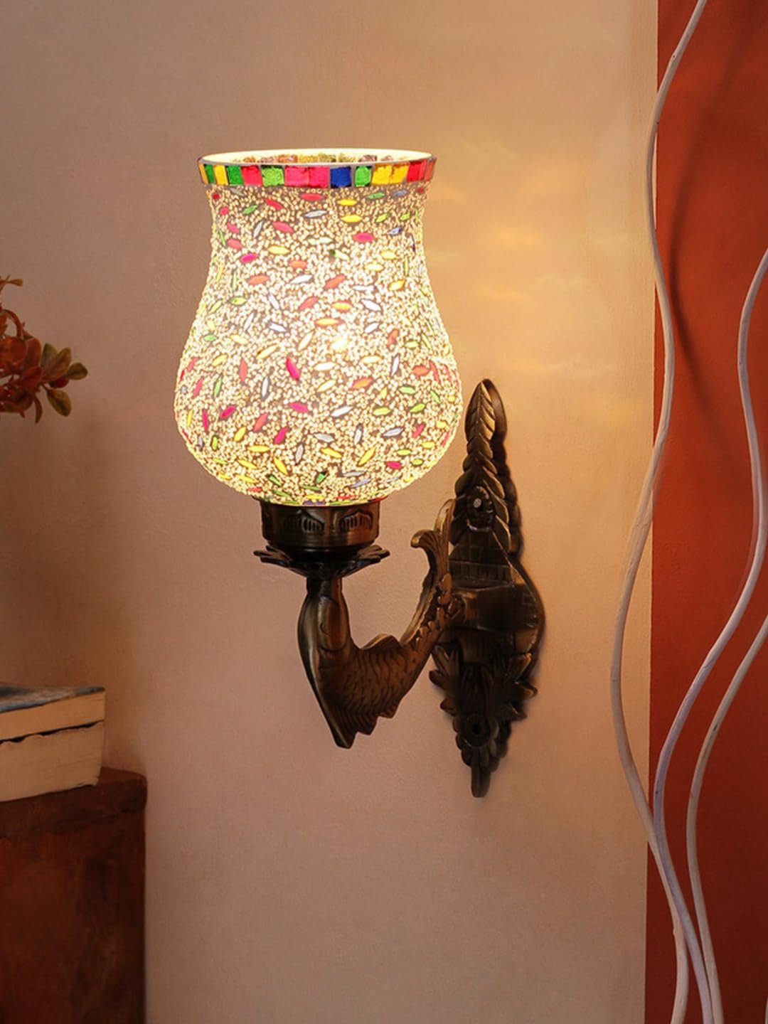 Antique Metal Fish Wall Lamp with Multicolor Mosaic Glass -AJ(8.5x4.5x14 Inches)