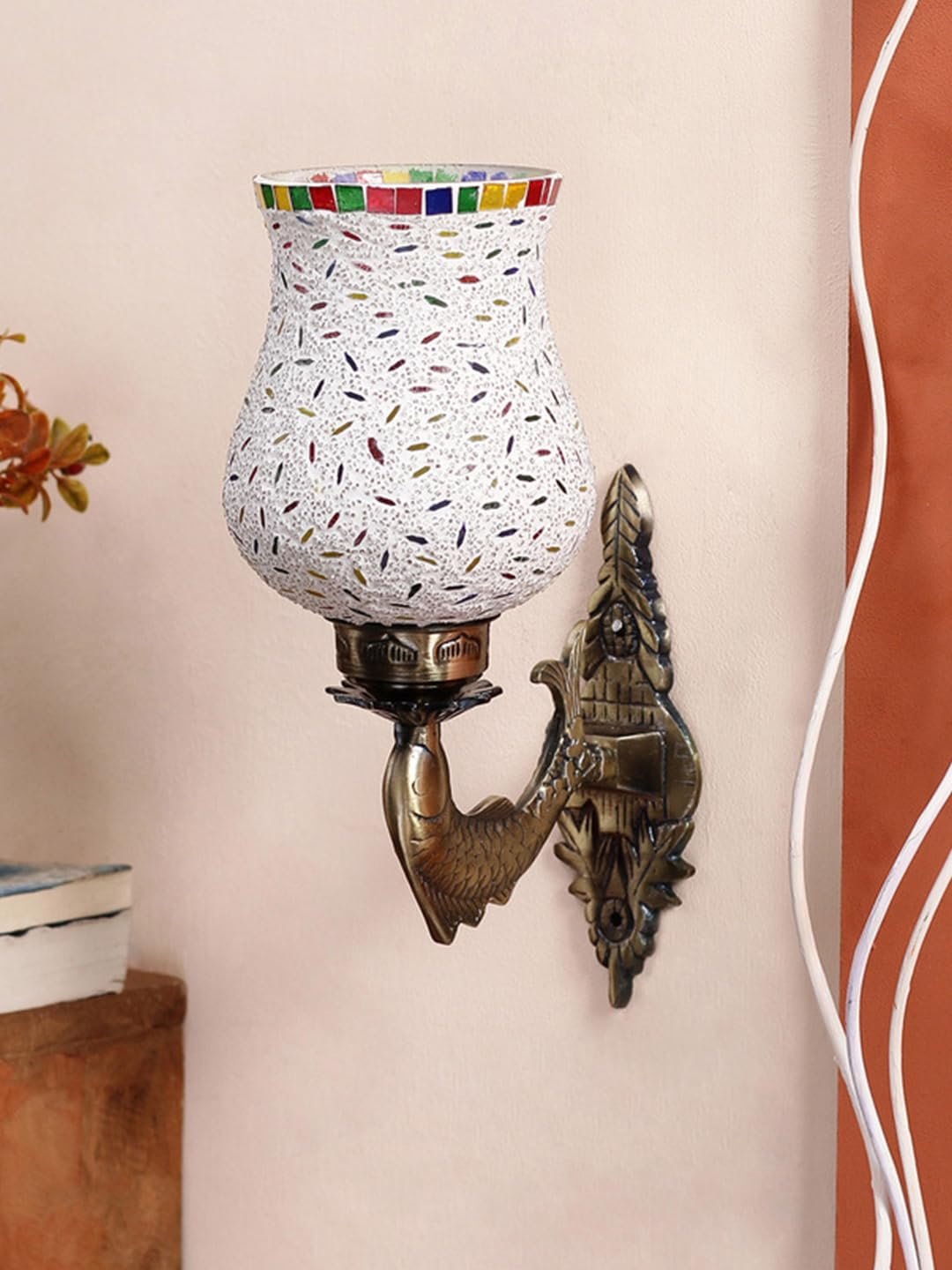 Antique Metal Fish Wall Lamp with Multicolor Mosaic Glass -AJ(8.5x4.5x14 Inches)
