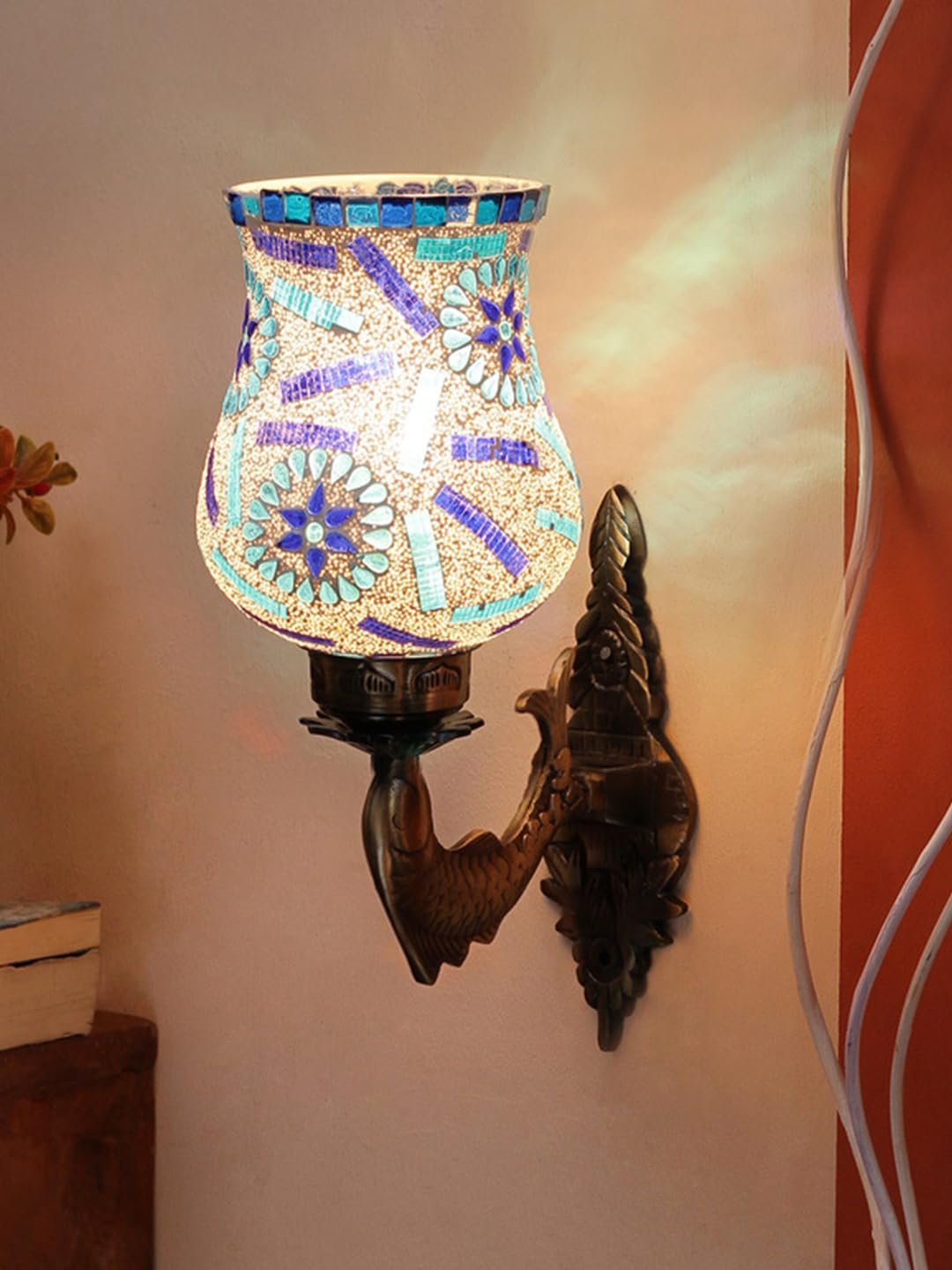 Antique Metal Fish Wall Lamp with Multicolor Mosaic Glass -AM(8.5x4.5x14 Inches)