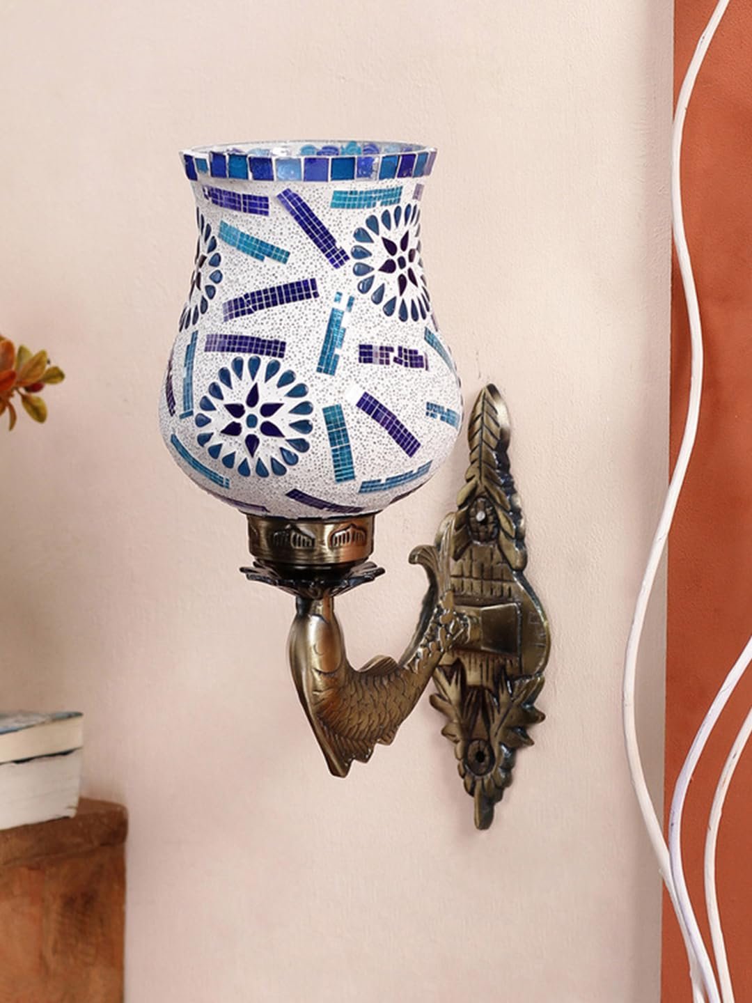 Antique Metal Fish Wall Lamp with Multicolor Mosaic Glass -AM(8.5x4.5x14 Inches)