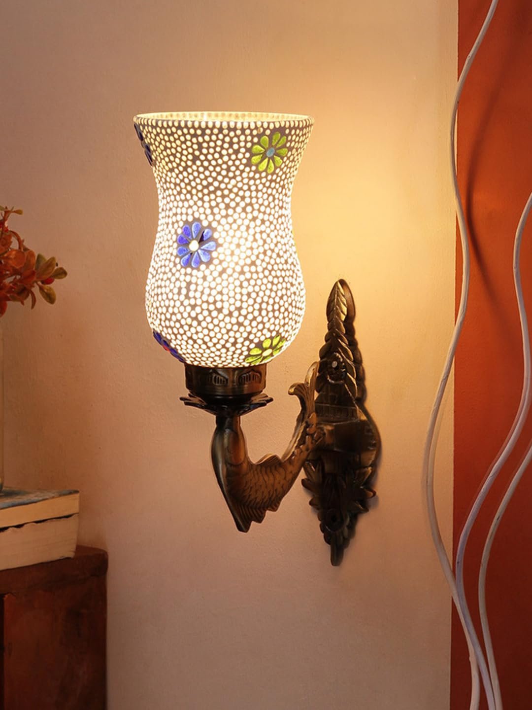 Antique Metal Fish Wall Lamp with Multicolor Mosaic Glass -an(8.5x4.5x14 Inches)