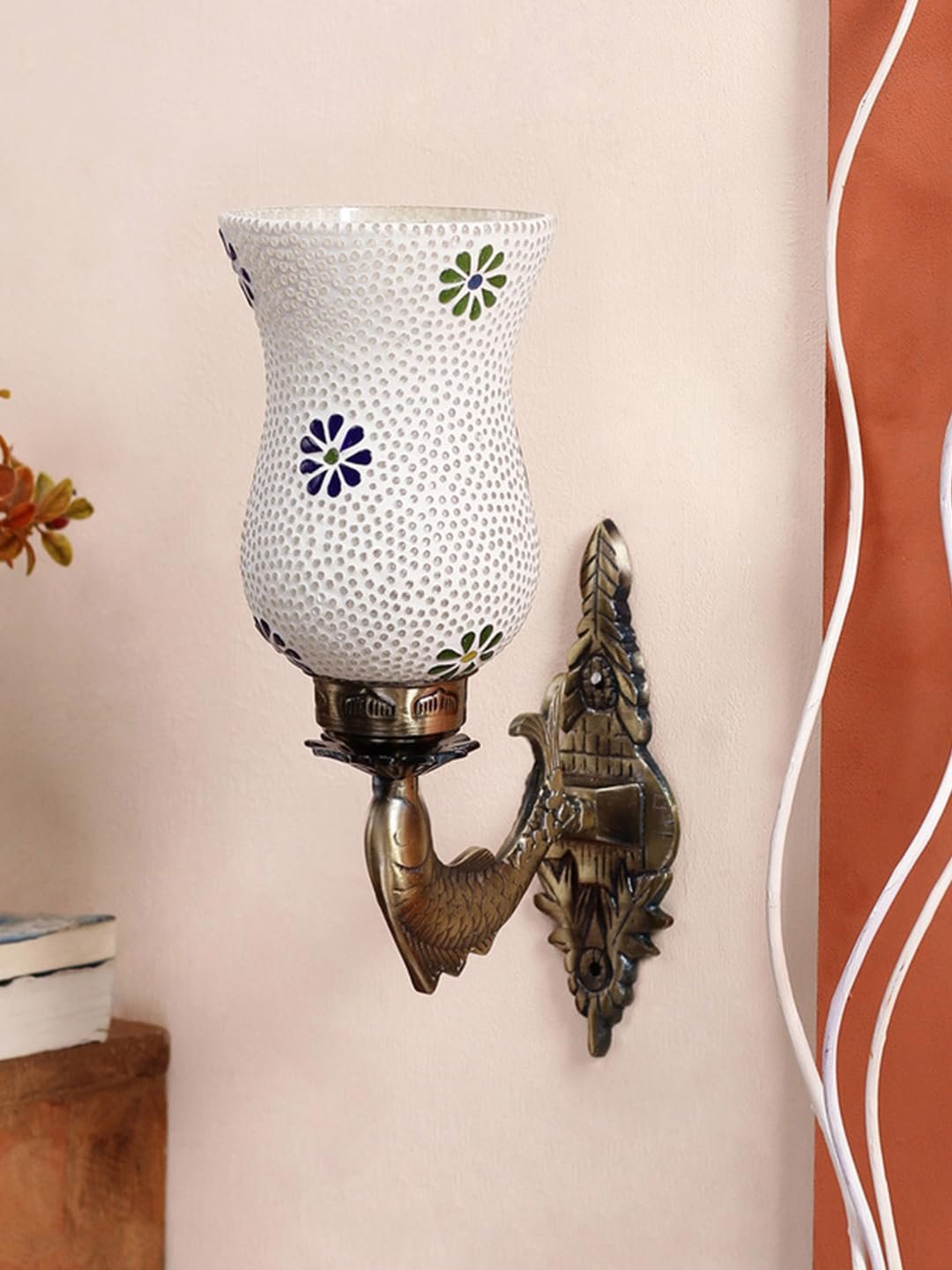 Antique Metal Fish Wall Lamp with Multicolor Mosaic Glass -an(8.5x4.5x14 Inches)