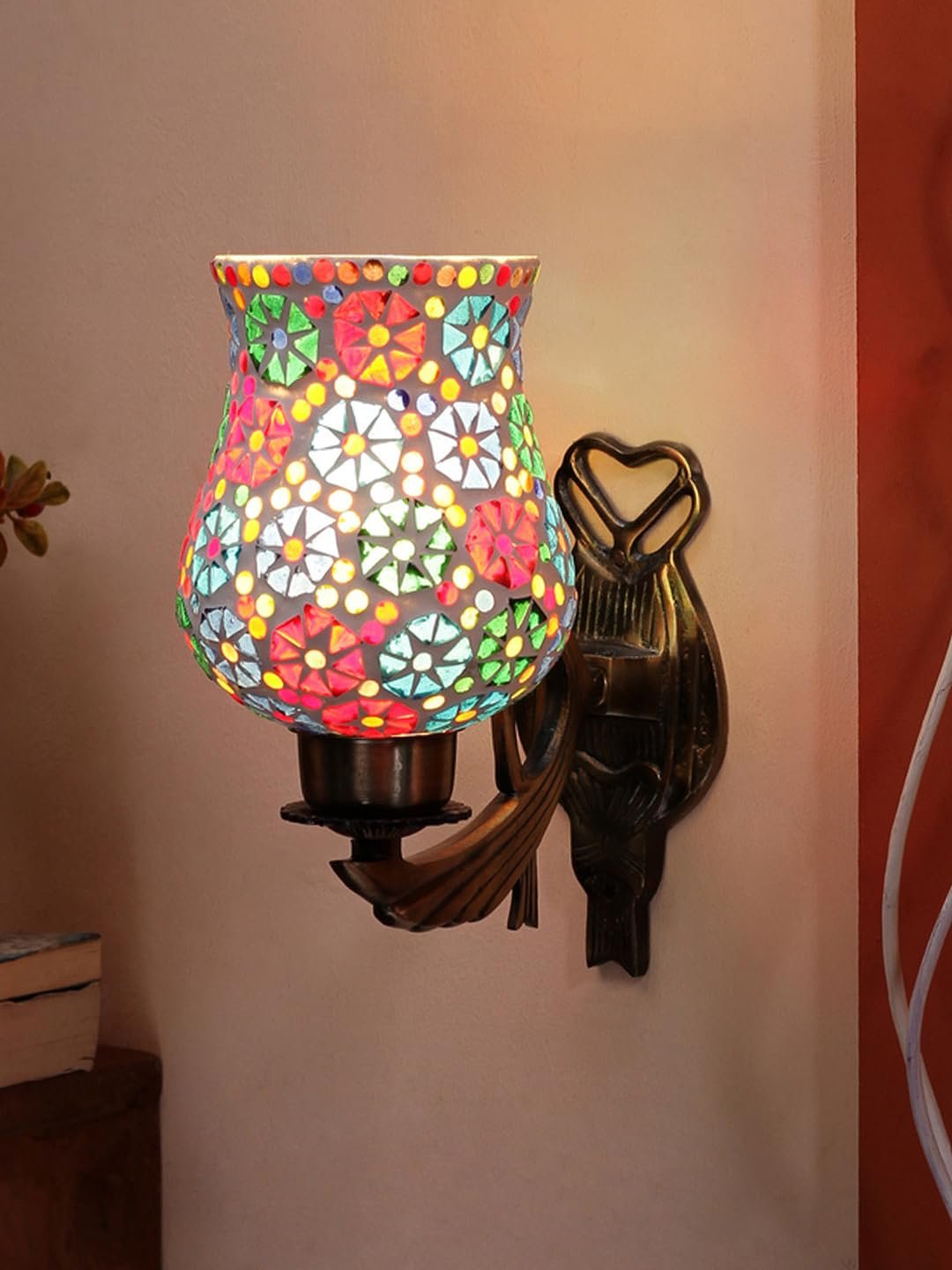 Antique Metal Wall Lamp with Multicolor Mosaic Glass -AX(9.5x4.5x11 Inches)