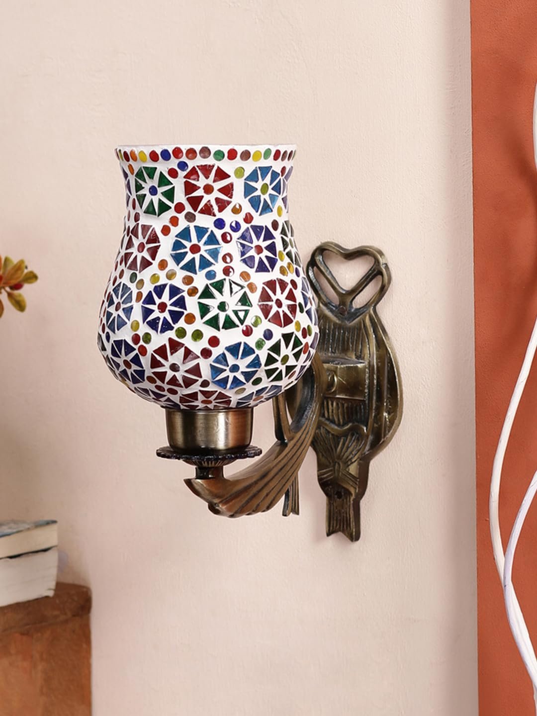 Antique Metal Wall Lamp with Multicolor Mosaic Glass -AX(9.5x4.5x11 Inches)