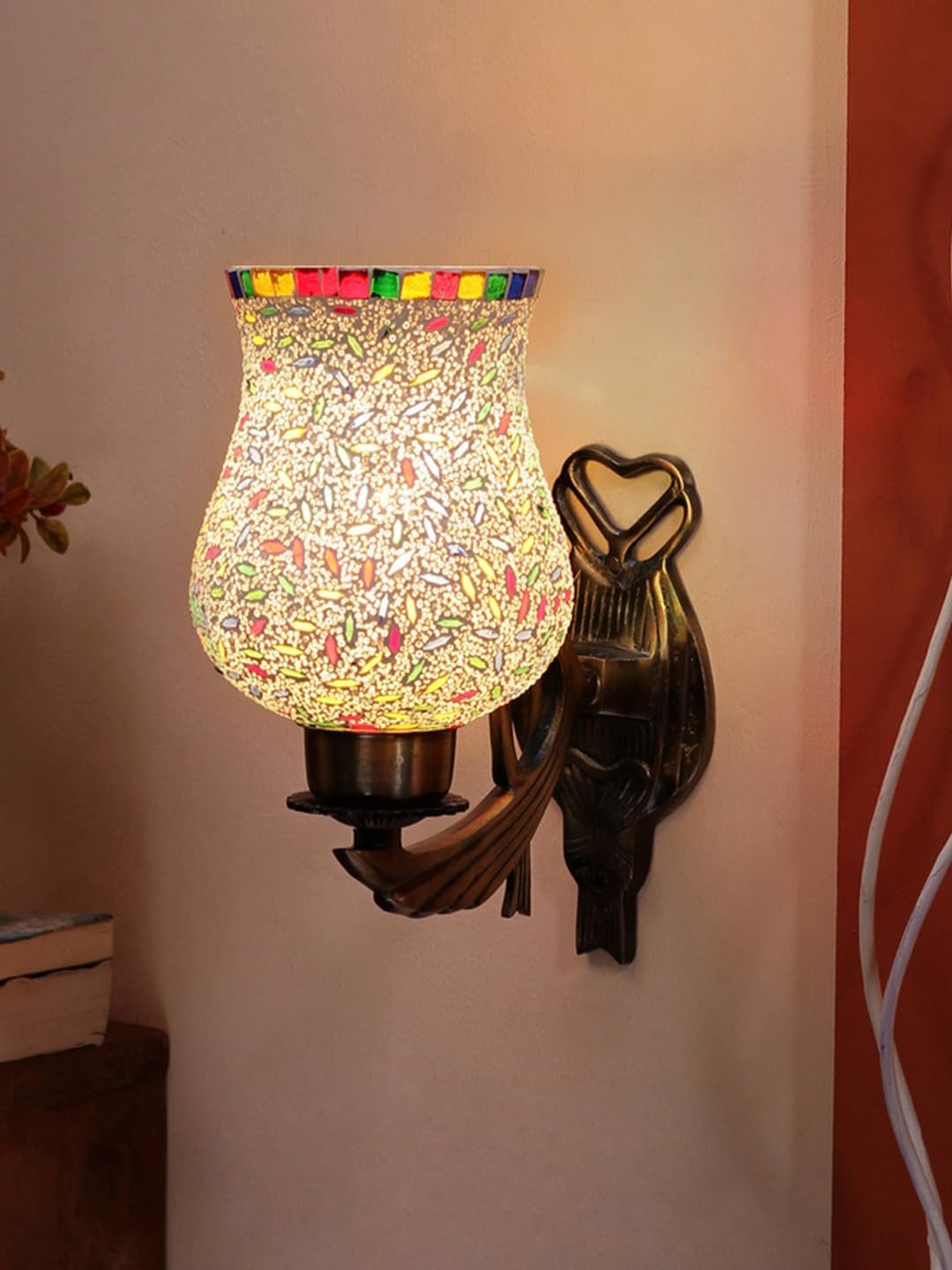 Antique Metal Wall Lamp with Multicolor Mosaic Glass -AZ(9.5x4.5x11 Inches)