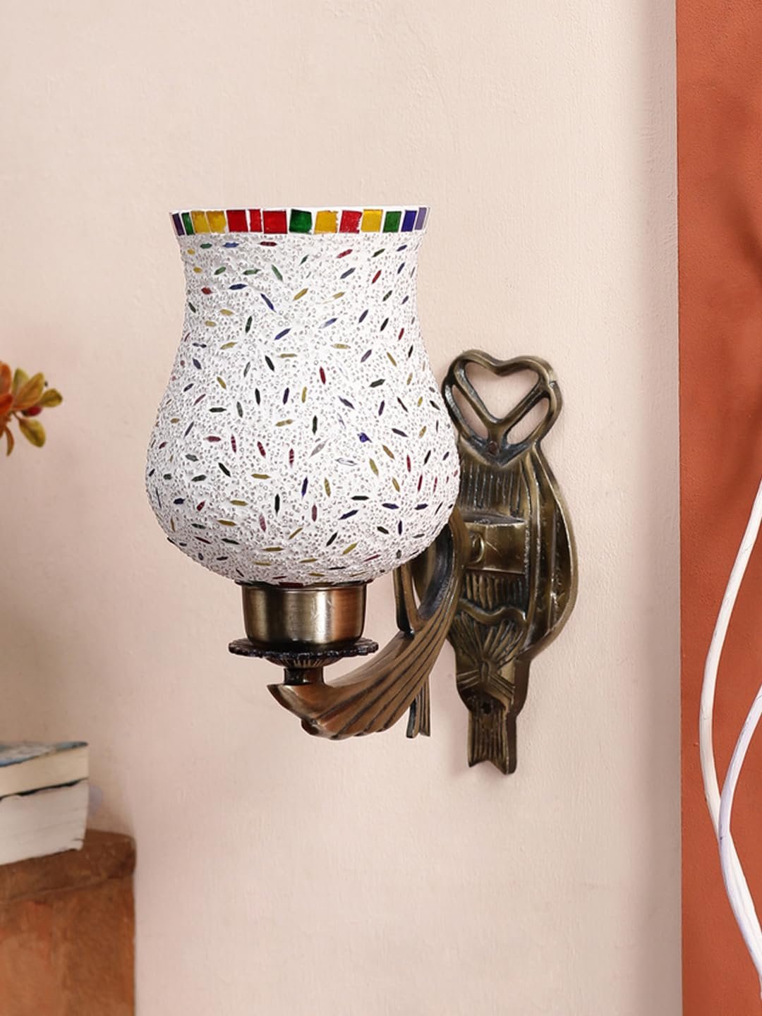 Antique Metal Wall Lamp with Multicolor Mosaic Glass -AZ(9.5x4.5x11 Inches)