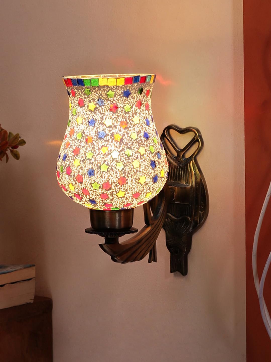 Antique Metal Wall Lamp with Multicolor Mosaic Glass -BA(9.5x4.5x11 Inches)