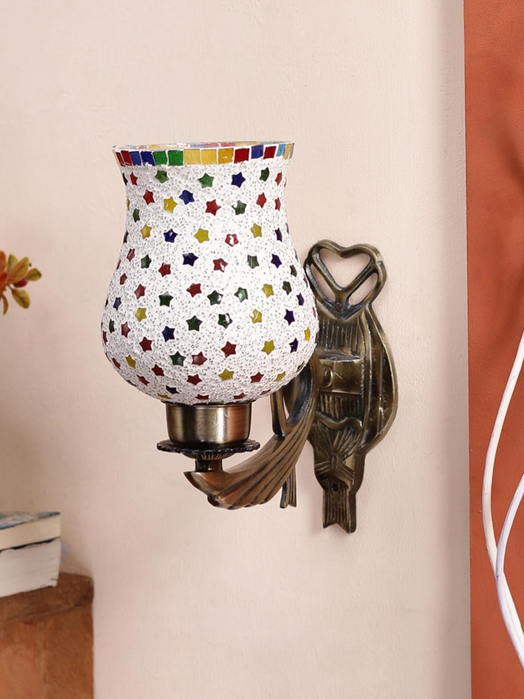 Antique Metal Wall Lamp with Multicolor Mosaic Glass -BA(9.5x4.5x11 Inches)