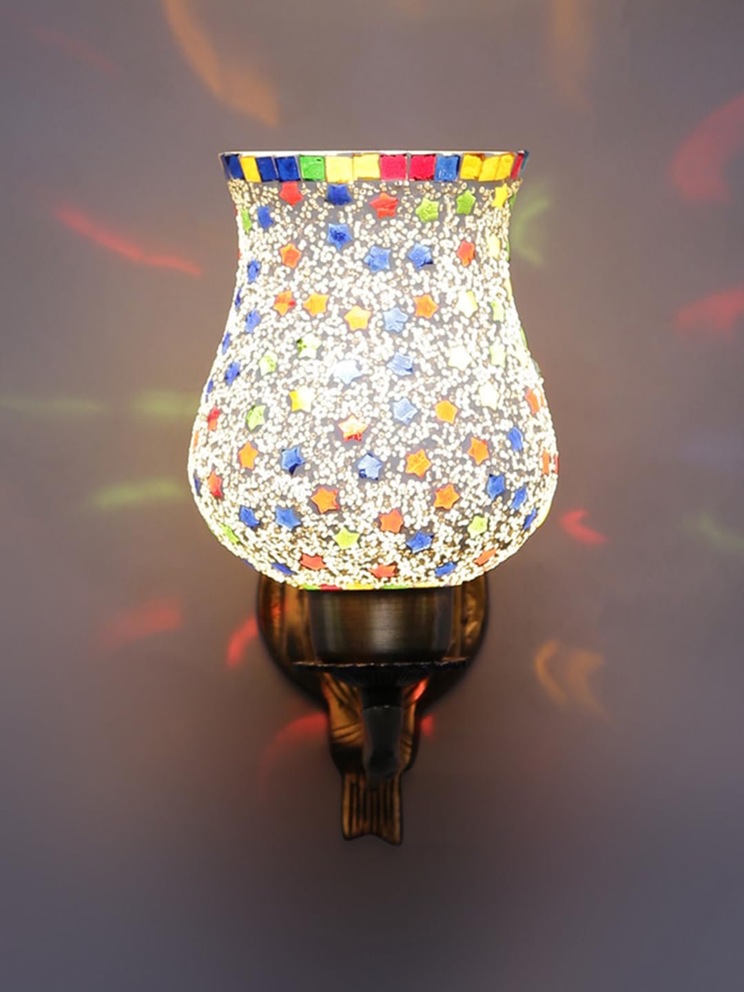 Antique Metal Wall Lamp with Multicolor Mosaic Glass -BA(9.5x4.5x11 Inches)