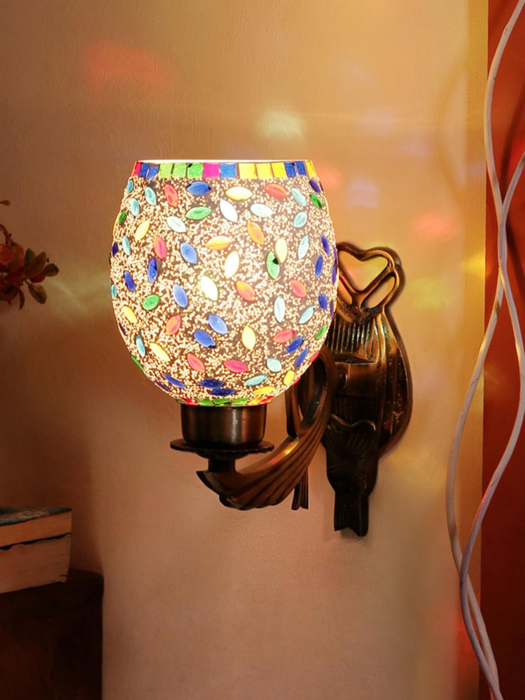 Antique Metal Wall Lamp with Multicolor Mosaic Glass_BJ(9.5x4.5x11 Inches)