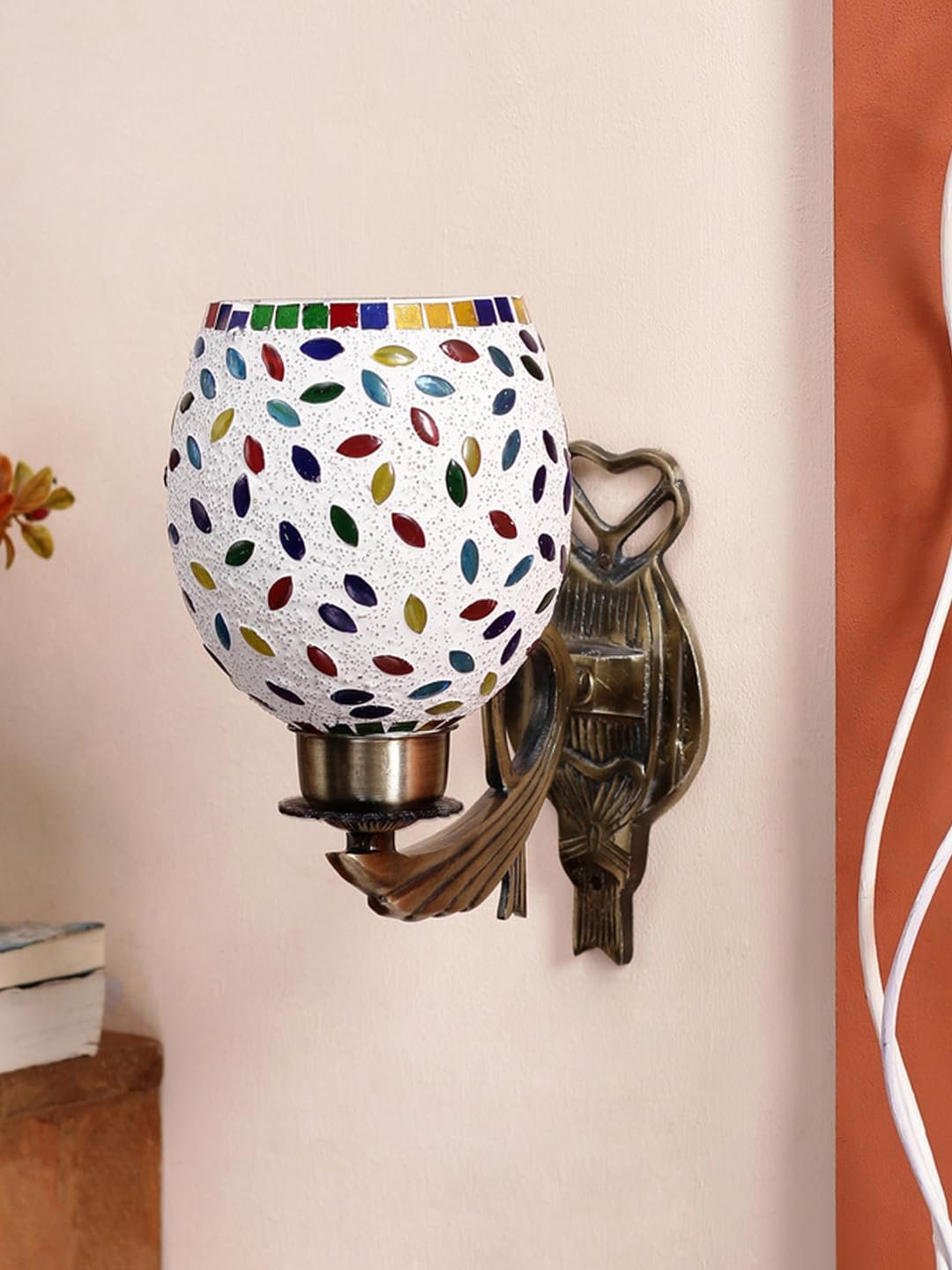 Antique Metal Wall Lamp with Multicolor Mosaic Glass_BJ(9.5x4.5x11 Inches)