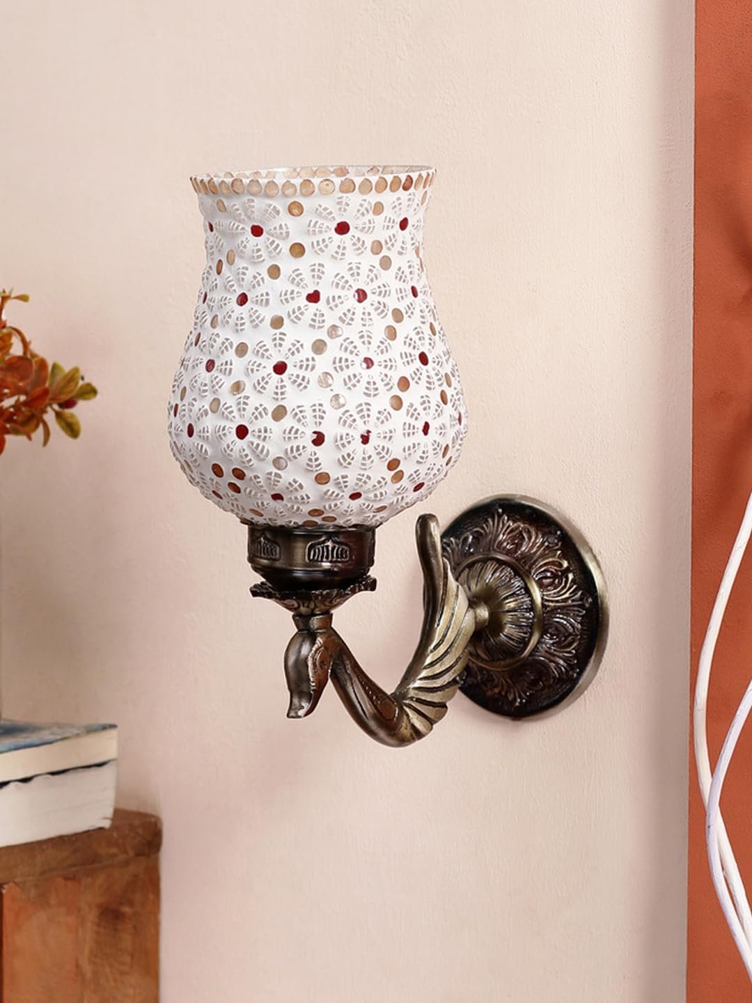 Antique Metal Peacock Wall Lamp with Multicolor Mosaic Glass -BM(8.5x4.5x11.5 Inches)