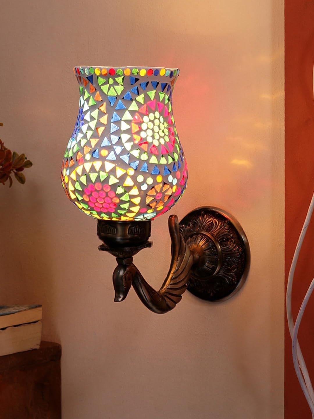 Antique Metal Peacock Wall Lamp with Multicolor Mosaic Glass -BS(8.5x4.5x11.5 Inches)