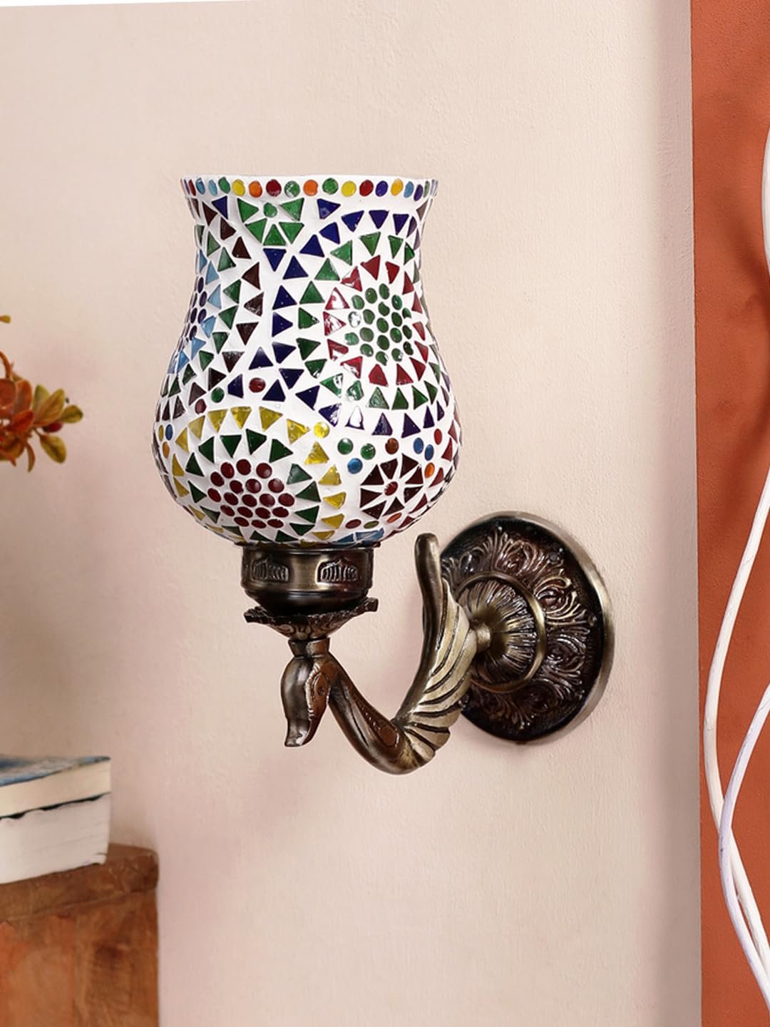 Antique Metal Peacock Wall Lamp with Multicolor Mosaic Glass -BS(8.5x4.5x11.5 Inches)