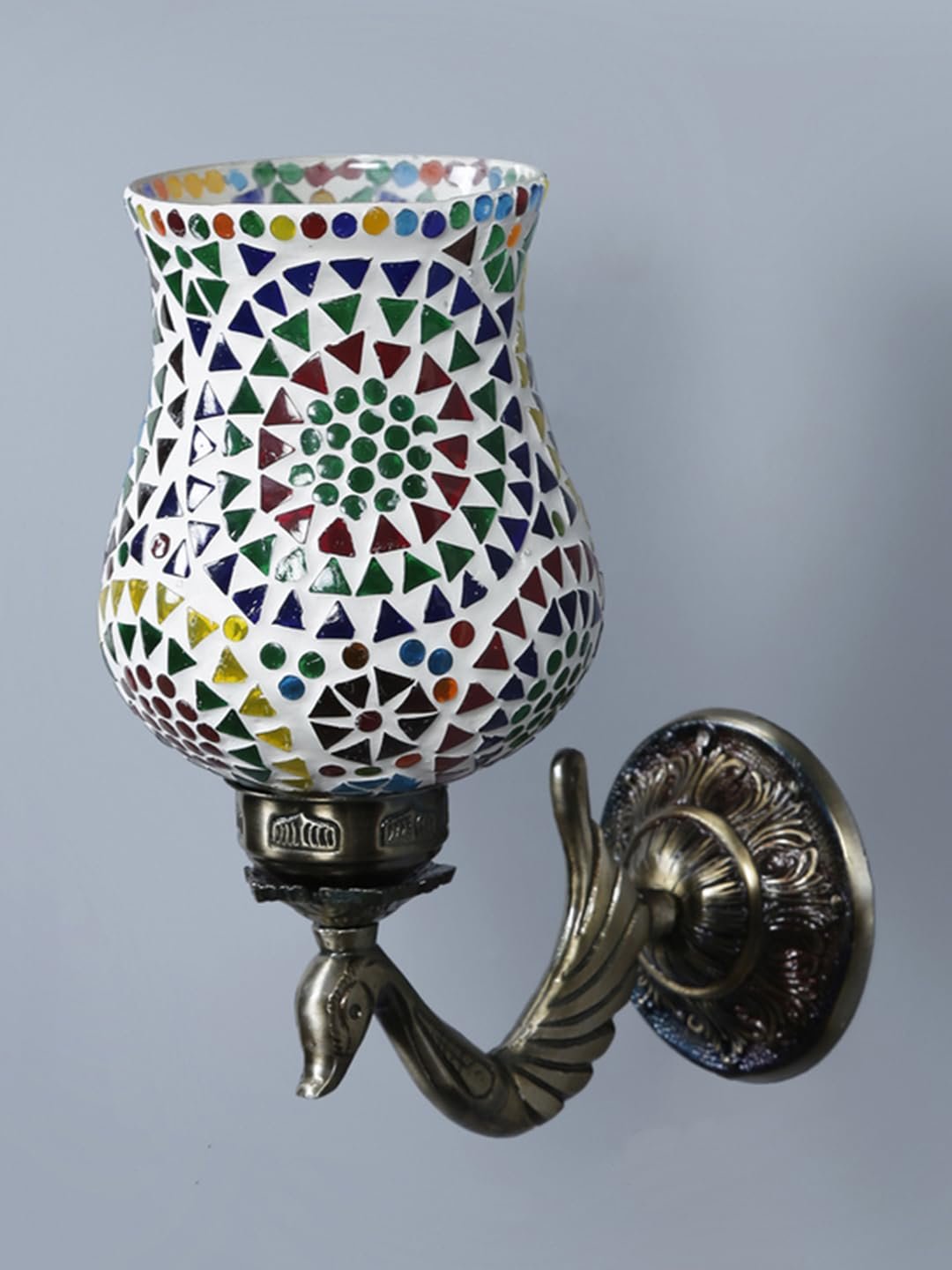 Antique Metal Peacock Wall Lamp with Multicolor Mosaic Glass -BS(8.5x4.5x11.5 Inches)