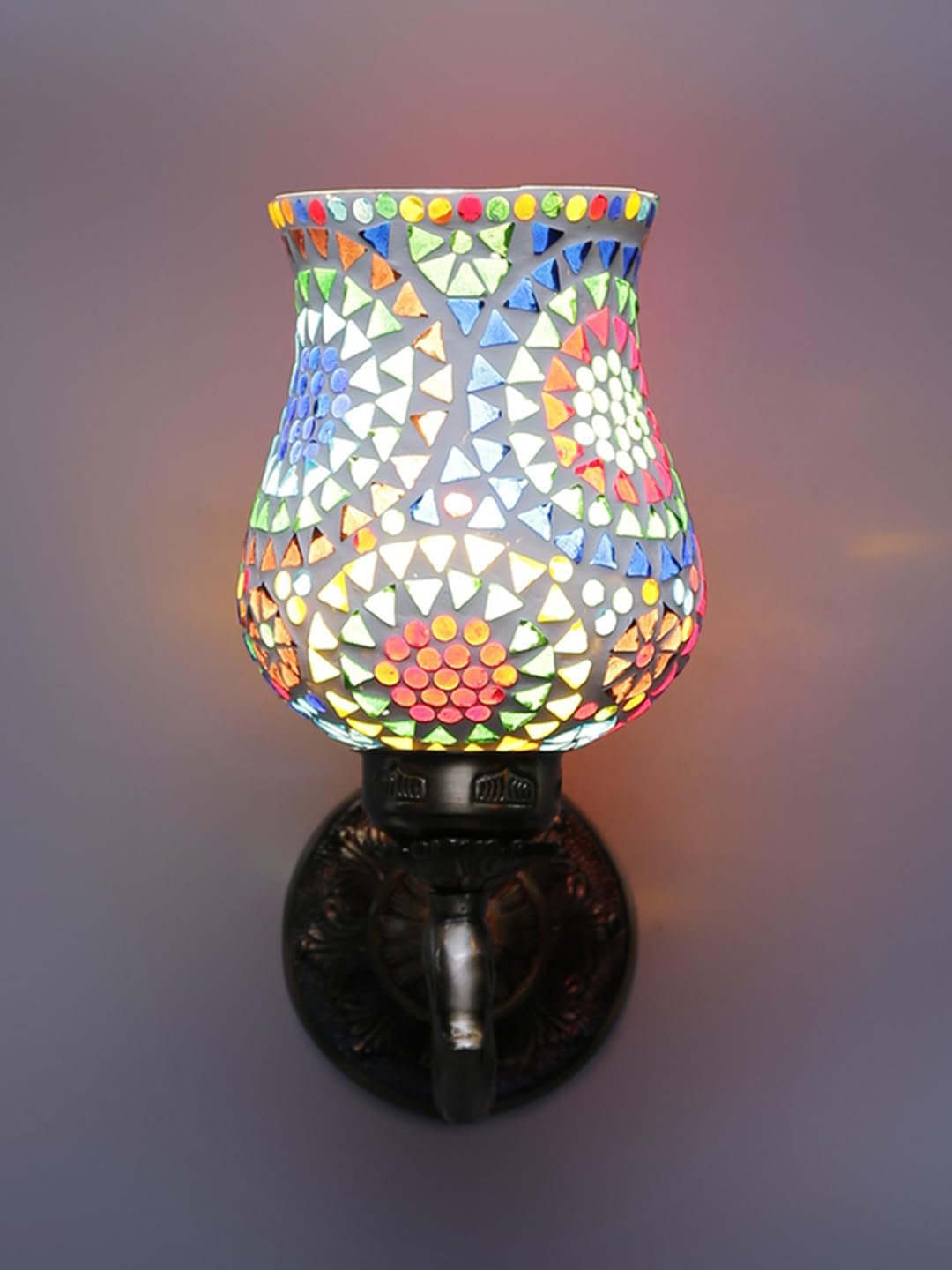 Antique Metal Peacock Wall Lamp with Multicolor Mosaic Glass -BS(8.5x4.5x11.5 Inches)