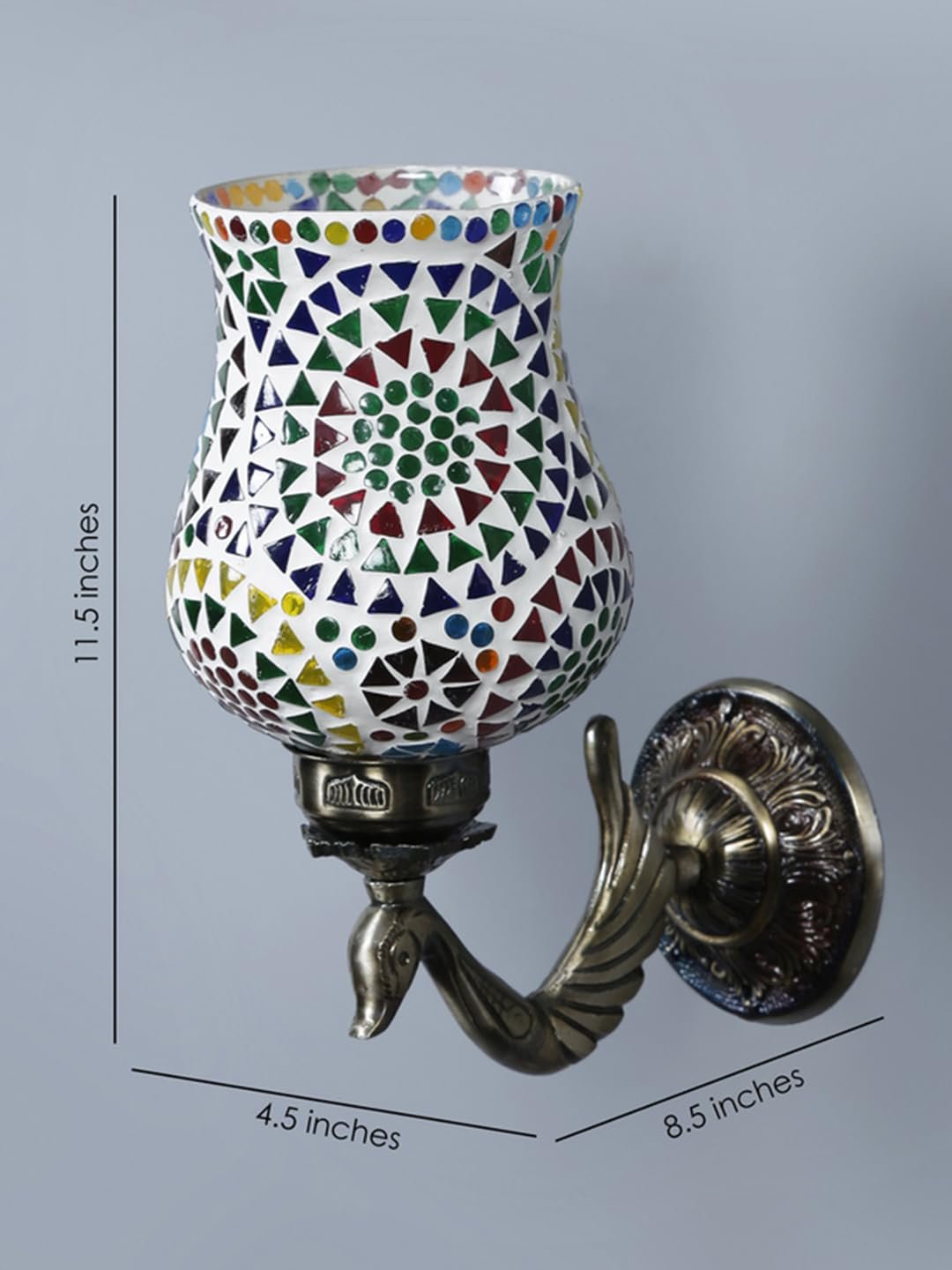 Antique Metal Peacock Wall Lamp with Multicolor Mosaic Glass -BS(8.5x4.5x11.5 Inches)