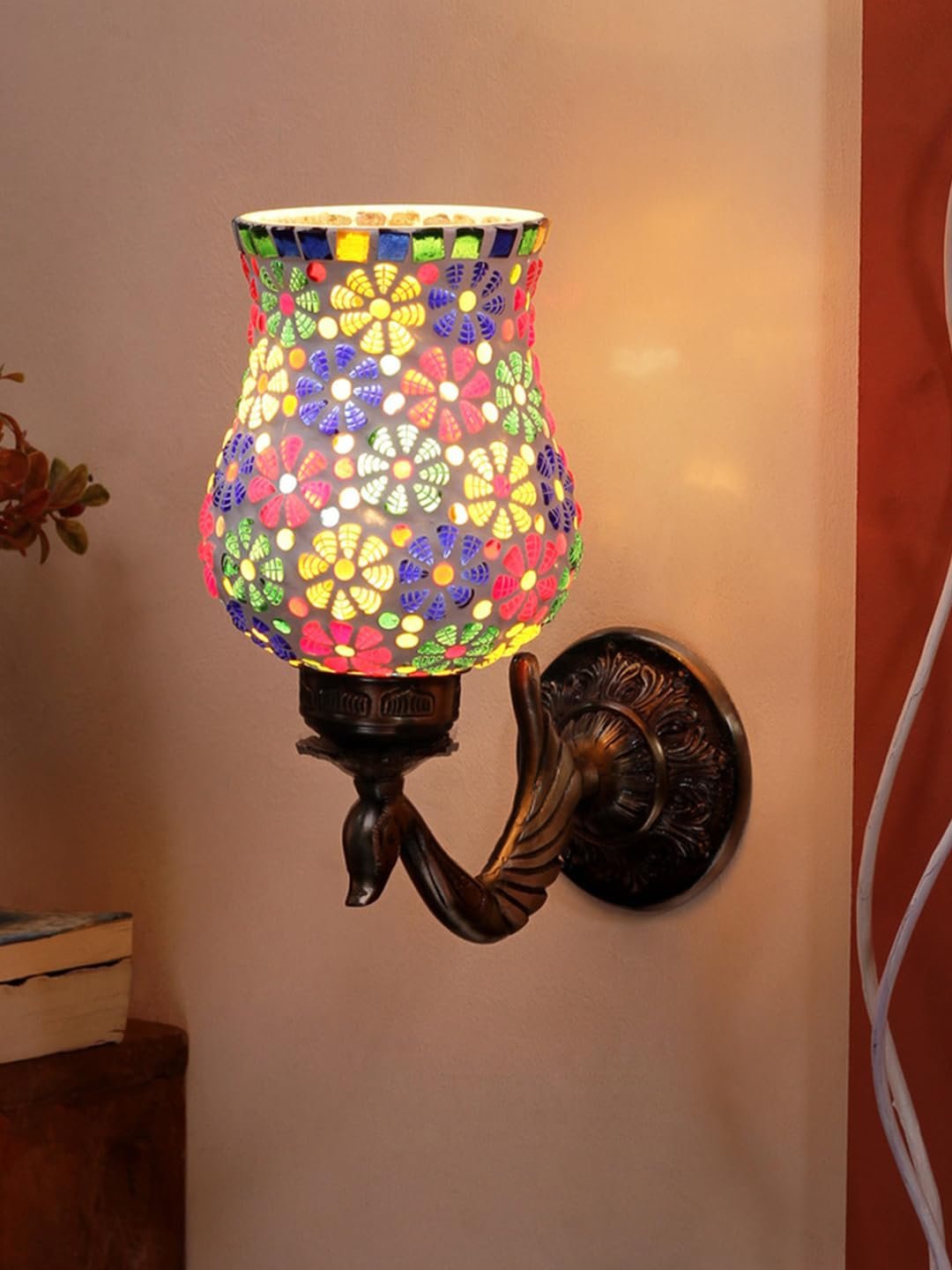 Antique Metal Peacock Wall Lamp with Multicolor Mosaic Glass -by(8.5x4.5x11.5 Inches)