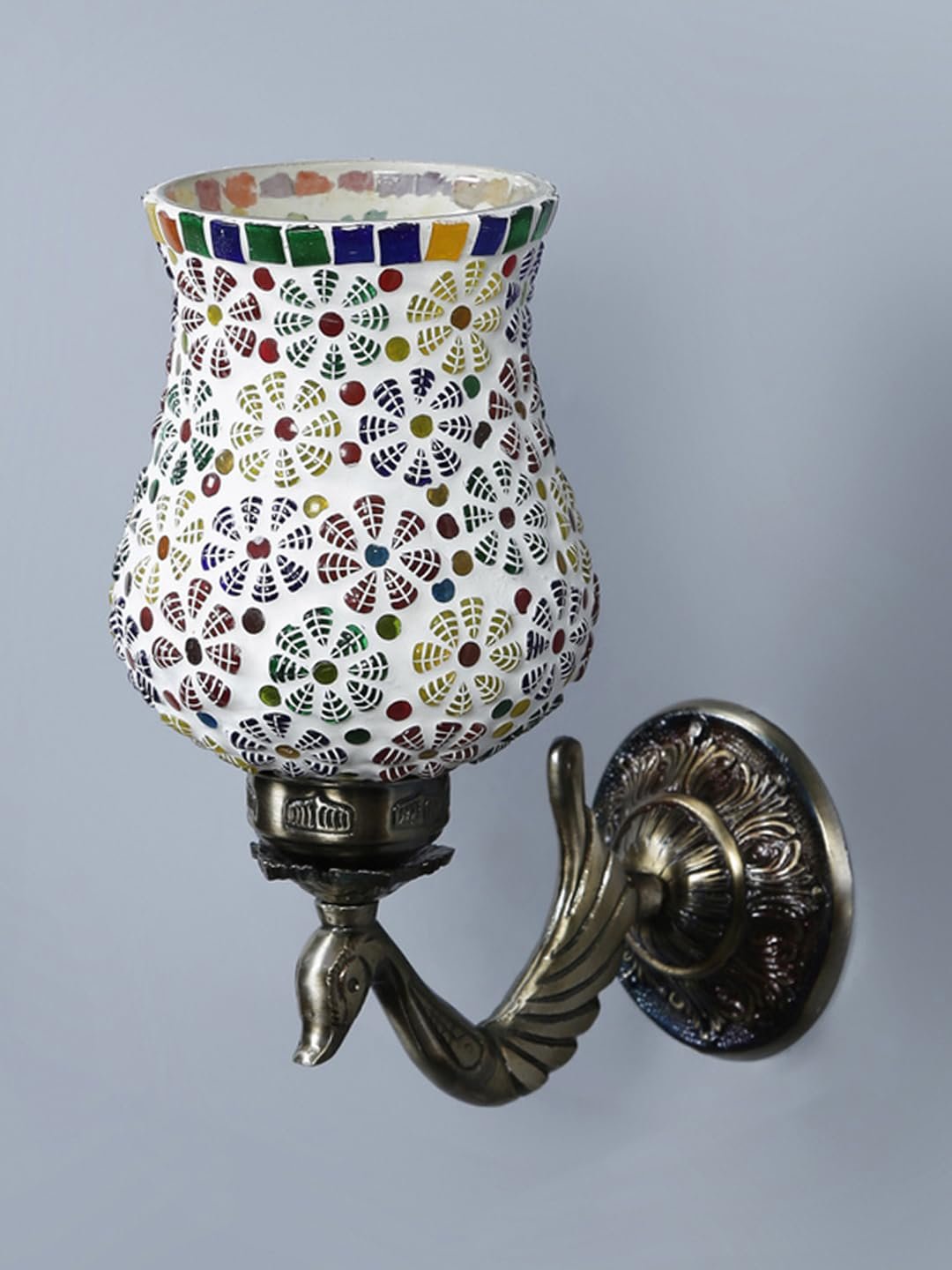Antique Metal Peacock Wall Lamp with Multicolor Mosaic Glass -by(8.5x4.5x11.5 Inches)