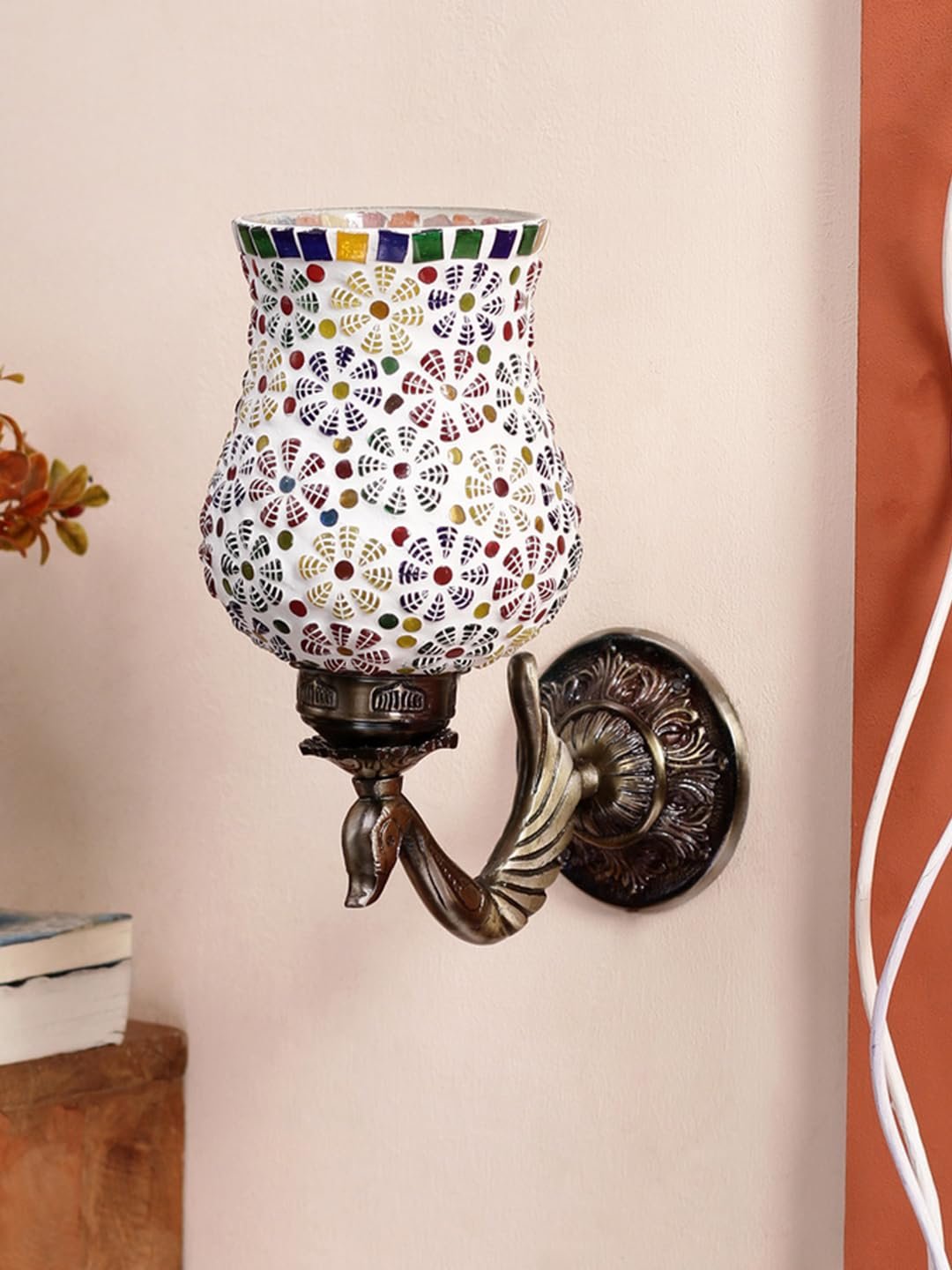 Antique Metal Peacock Wall Lamp with Multicolor Mosaic Glass -by(8.5x4.5x11.5 Inches)
