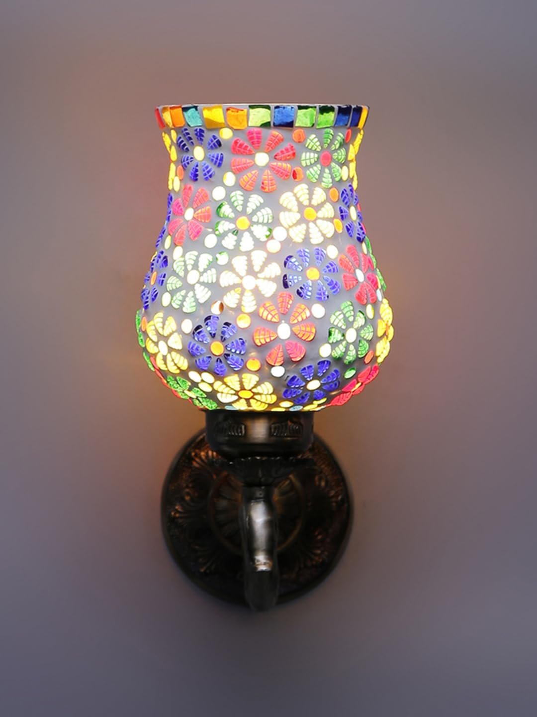 Antique Metal Peacock Wall Lamp with Multicolor Mosaic Glass -by(8.5x4.5x11.5 Inches)