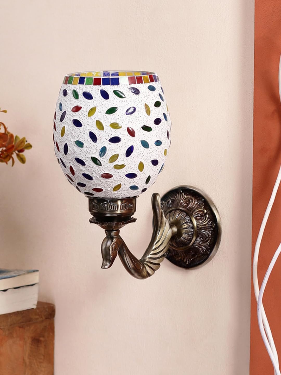 Antique Metal Peacock Wall Lamp with Multicolor Mosaic Glass -BZ(8.5x4.5x11.5 Inches)