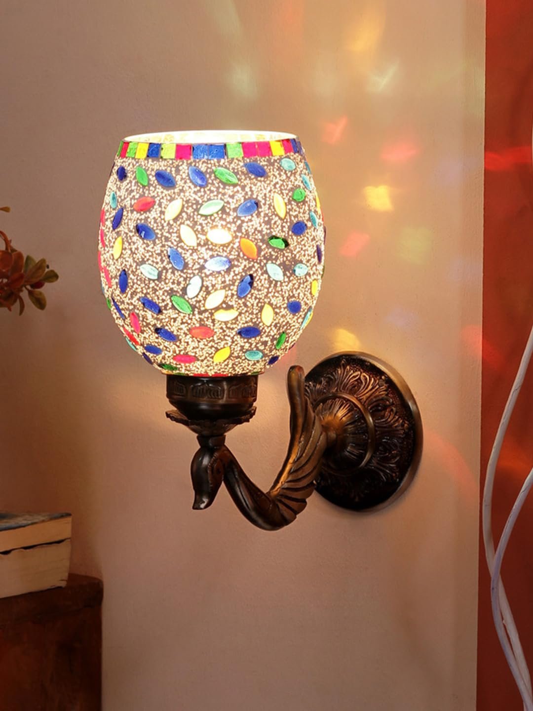 Antique Metal Peacock Wall Lamp with Multicolor Mosaic Glass -BZ(8.5x4.5x11.5 Inches)