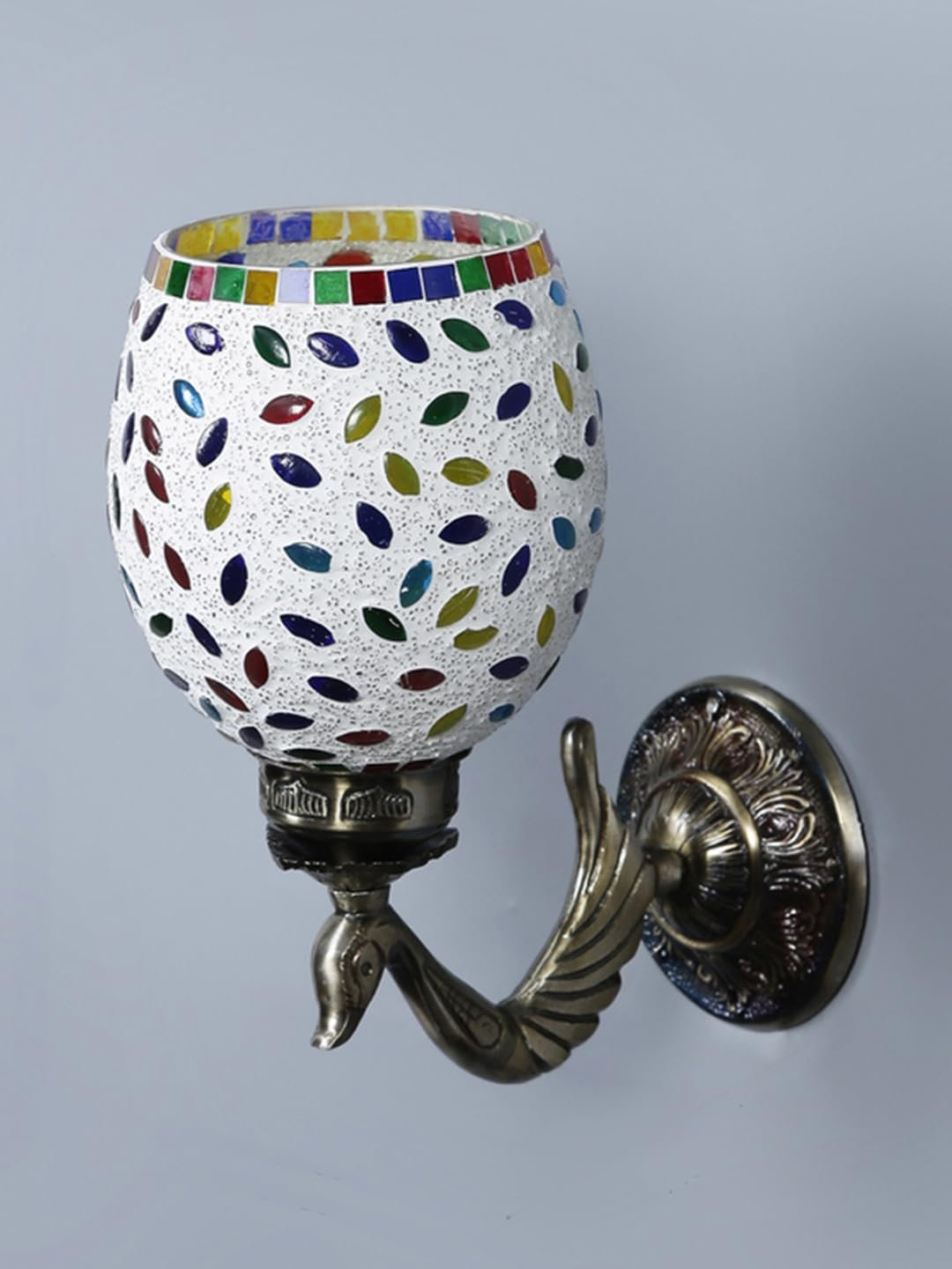 Antique Metal Peacock Wall Lamp with Multicolor Mosaic Glass -BZ(8.5x4.5x11.5 Inches)