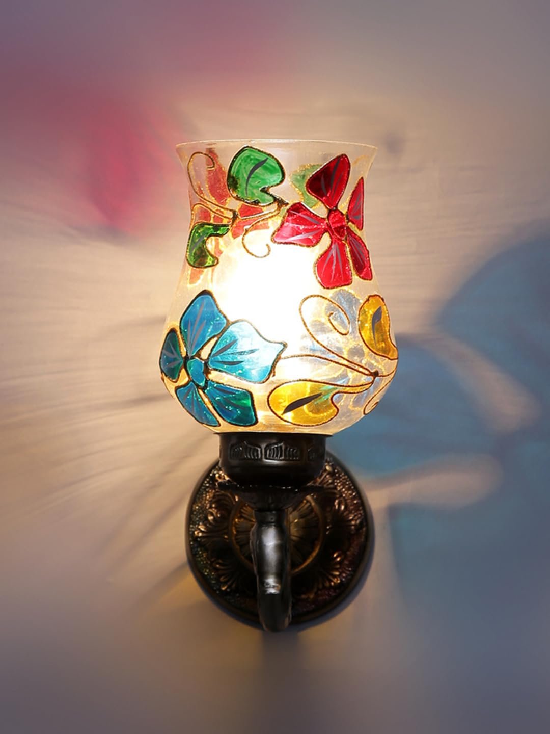 Antique Metal Peacock Wall Lamp with Multicolor Mosaic Glass -BX(8.5x4.5x11.5 Inches)