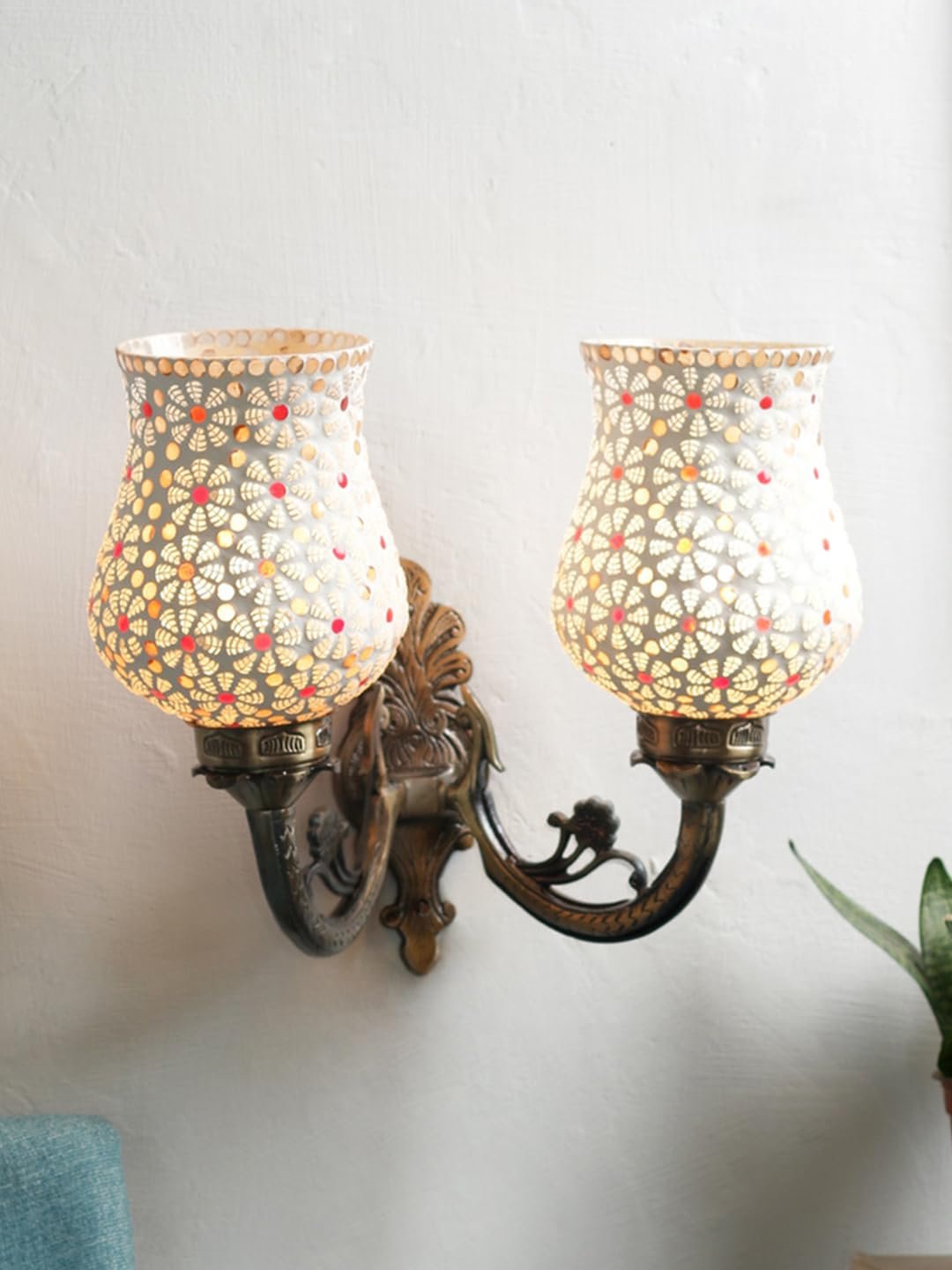 Antique Metal Double Wall Mounted Lamp with Multicolor Mosaic Glass -CB(8.8x11x10) Inches