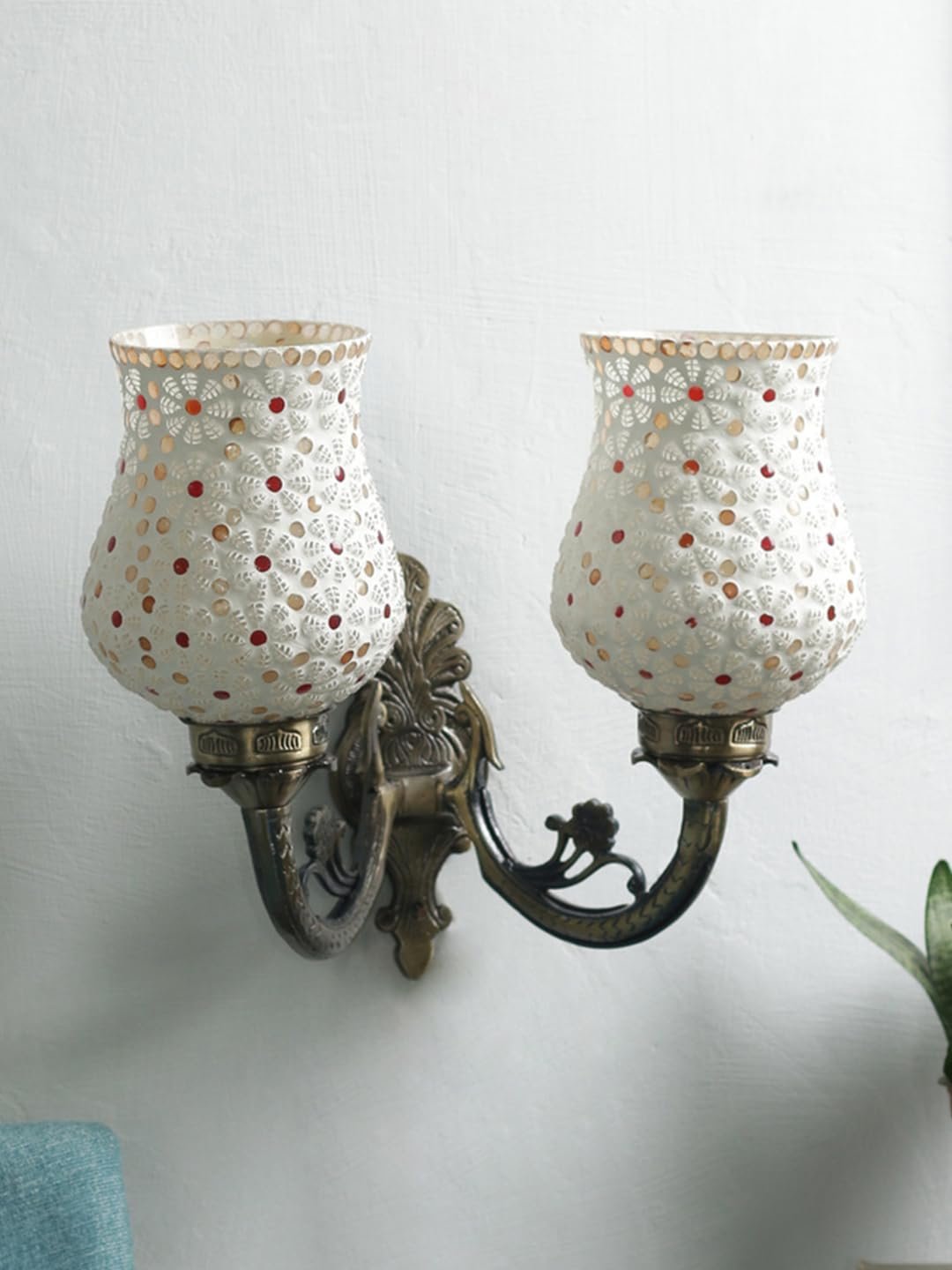 Antique Metal Double Wall Mounted Lamp with Multicolor Mosaic Glass -CB(8.8x11x10) Inches