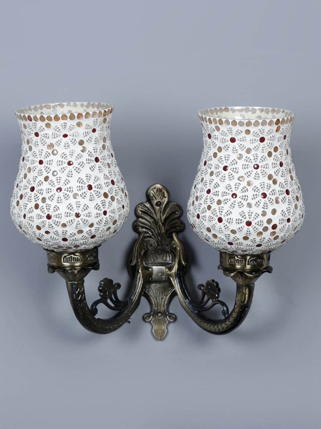 Antique Metal Double Wall Mounted Lamp with Multicolor Mosaic Glass -CB(8.8x11x10) Inches