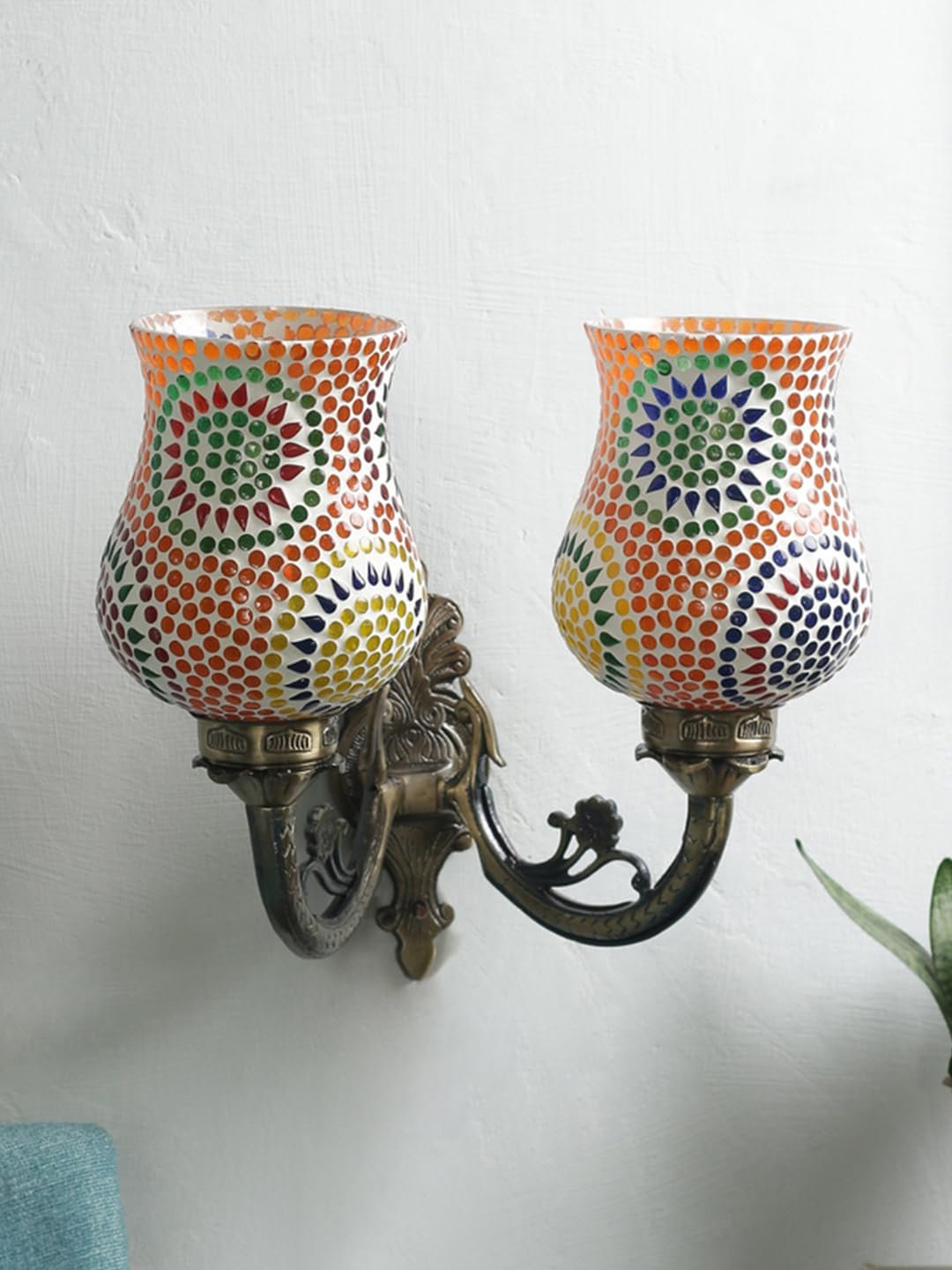 Antique Metal Double Wall Mounted Lamp with Multicolor Mosaic Glass -CC (8.8x11x10) Inches