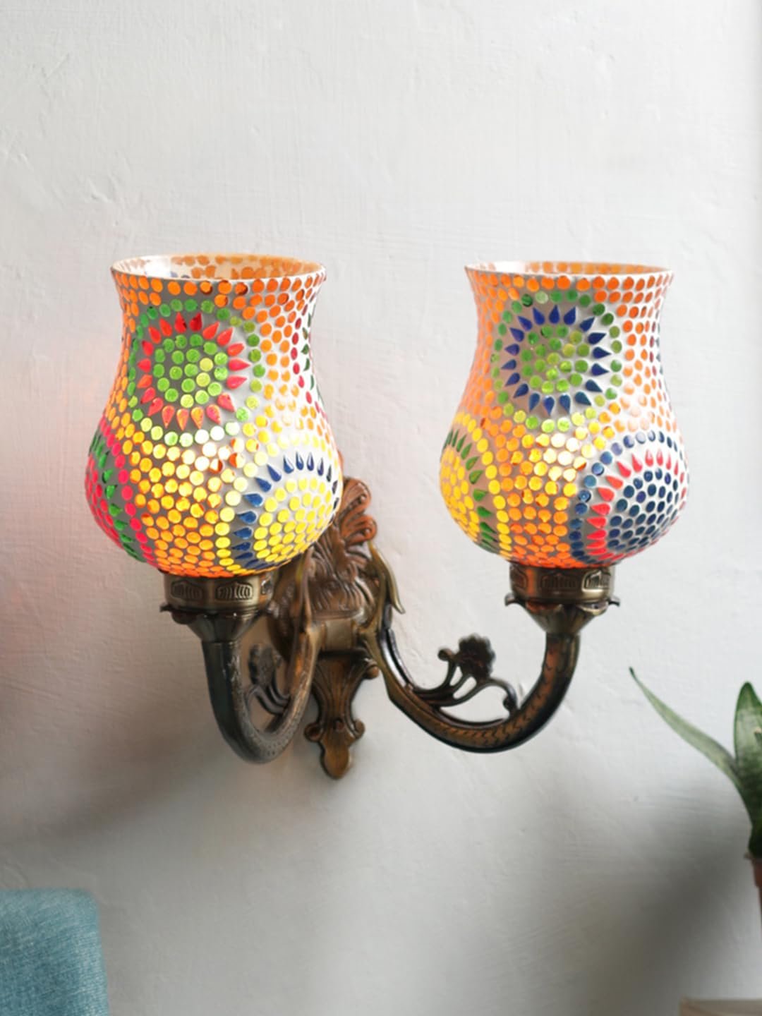 Antique Metal Double Wall Mounted Lamp with Multicolor Mosaic Glass -CC (8.8x11x10) Inches