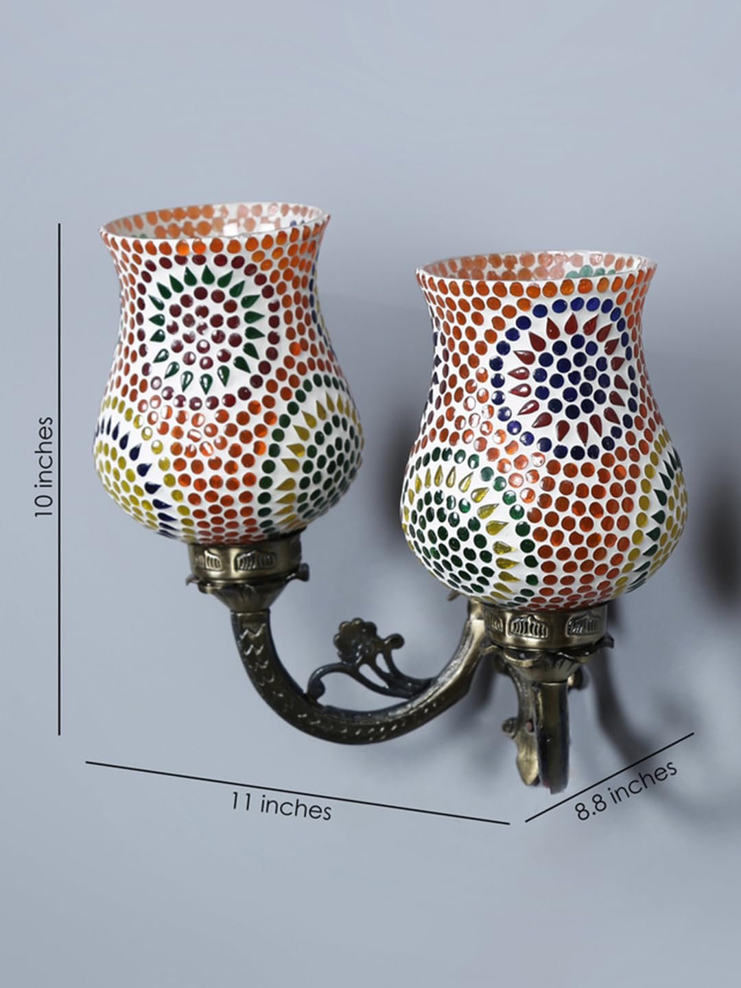 Antique Metal Double Wall Mounted Lamp with Multicolor Mosaic Glass -CC (8.8x11x10) Inches