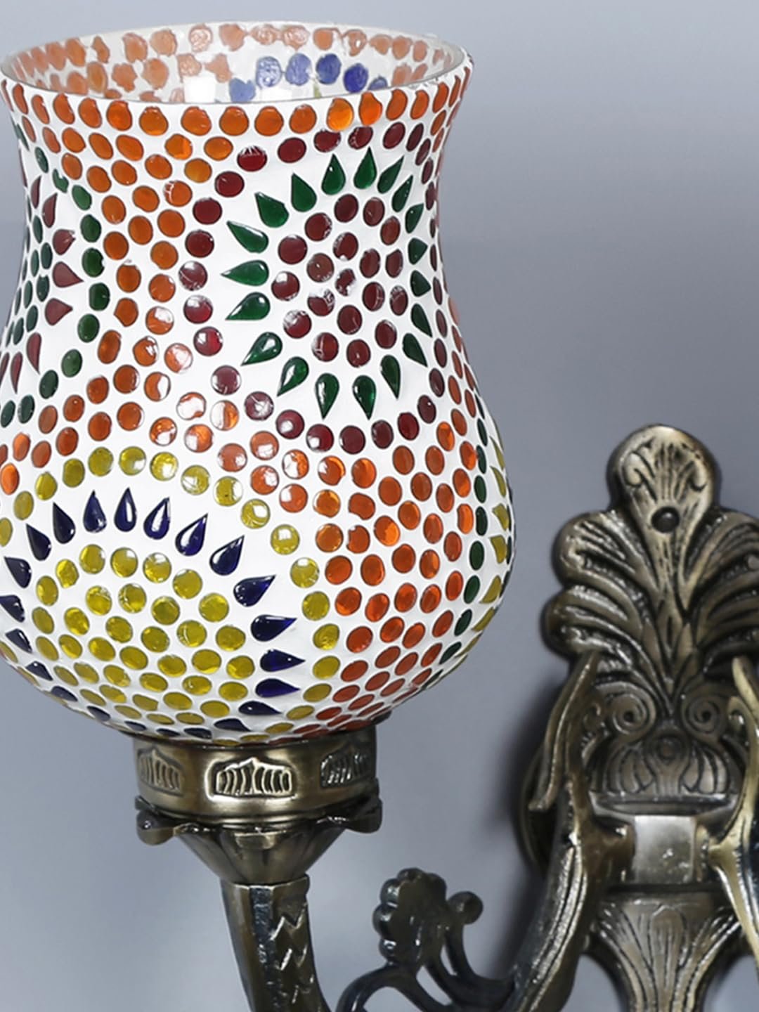 Antique Metal Double Wall Mounted Lamp with Multicolor Mosaic Glass -CC (8.8x11x10) Inches