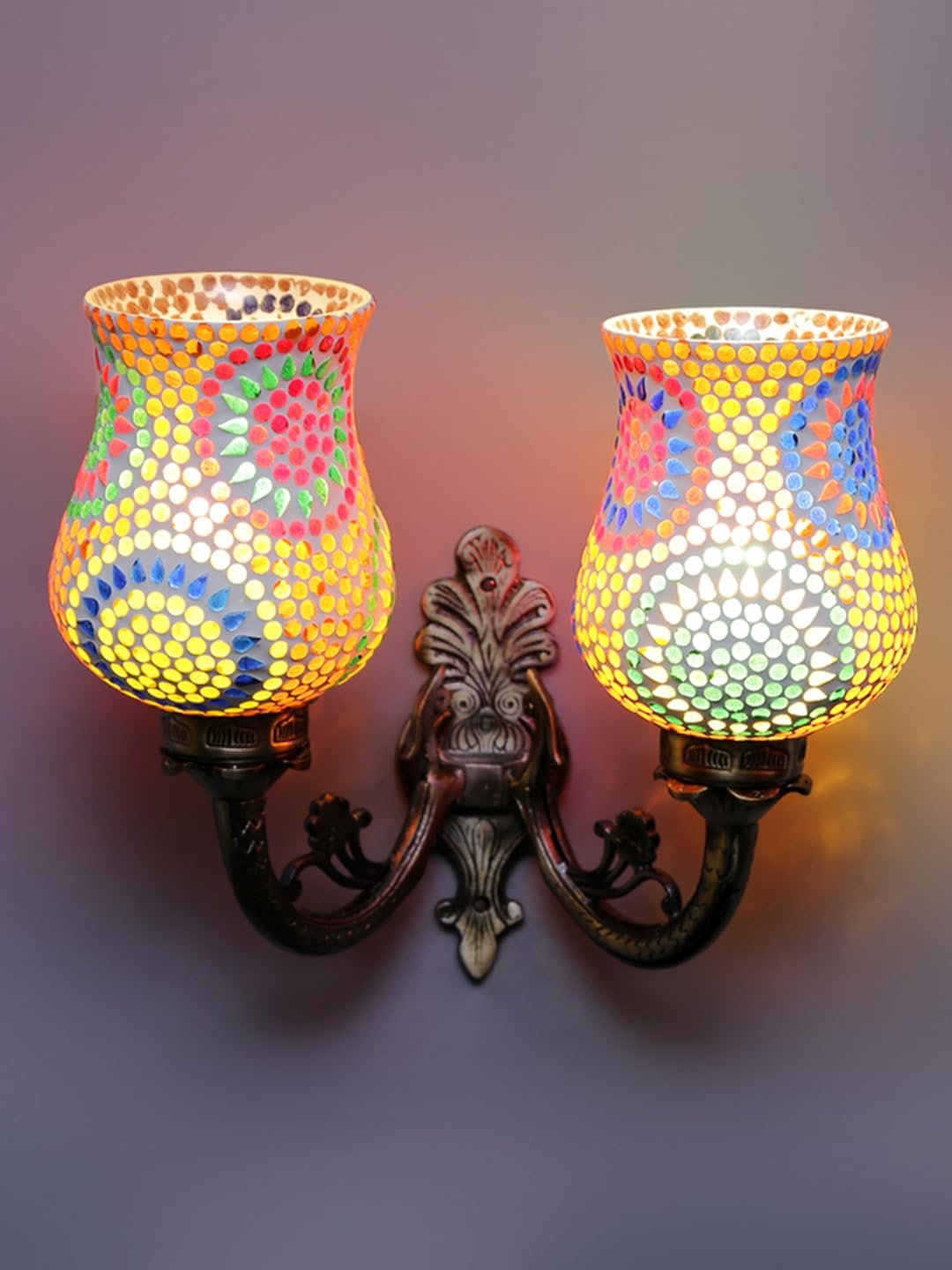 Antique Metal Double Wall Mounted Lamp with Multicolor Mosaic Glass -CC (8.8x11x10) Inches
