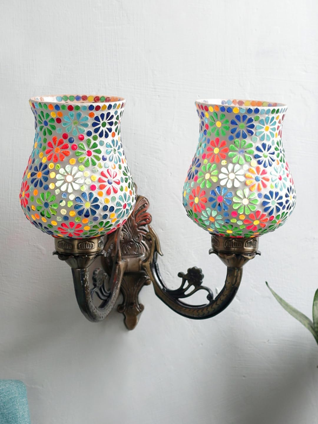 Antique Metal Double Wall Mounted Lamp with Multicolor Mosaic Glass -CD(8.8x11x10) Inches