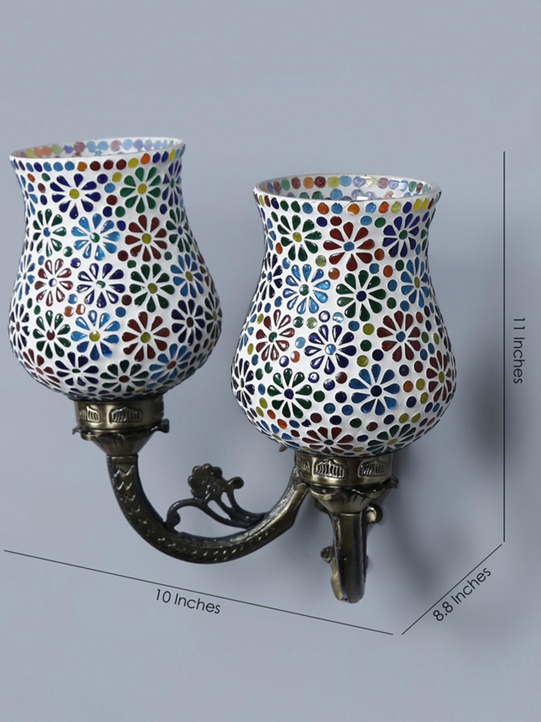 Antique Metal Double Wall Mounted Lamp with Multicolor Mosaic Glass -CD(8.8x11x10) Inches