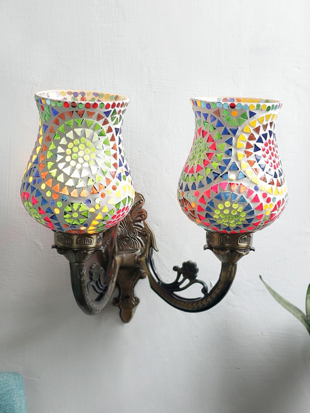 Antique Metal Double Wall Mounted Lamp with Multicolor Mosaic Glass -CE (8.8x11x10) Inches