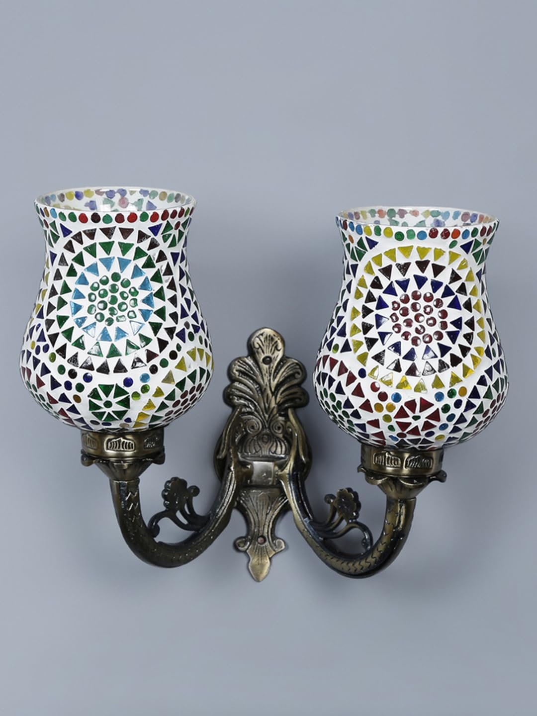 Antique Metal Double Wall Mounted Lamp with Multicolor Mosaic Glass -CE (8.8x11x10) Inches
