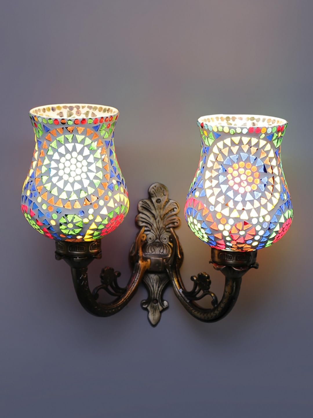 Antique Metal Double Wall Mounted Lamp with Multicolor Mosaic Glass -CE (8.8x11x10) Inches