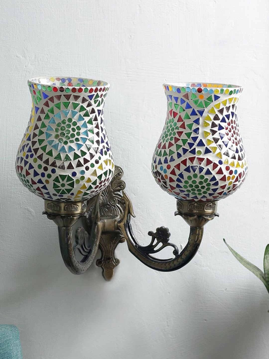 Antique Metal Double Wall Mounted Lamp with Multicolor Mosaic Glass -CE (8.8x11x10) Inches